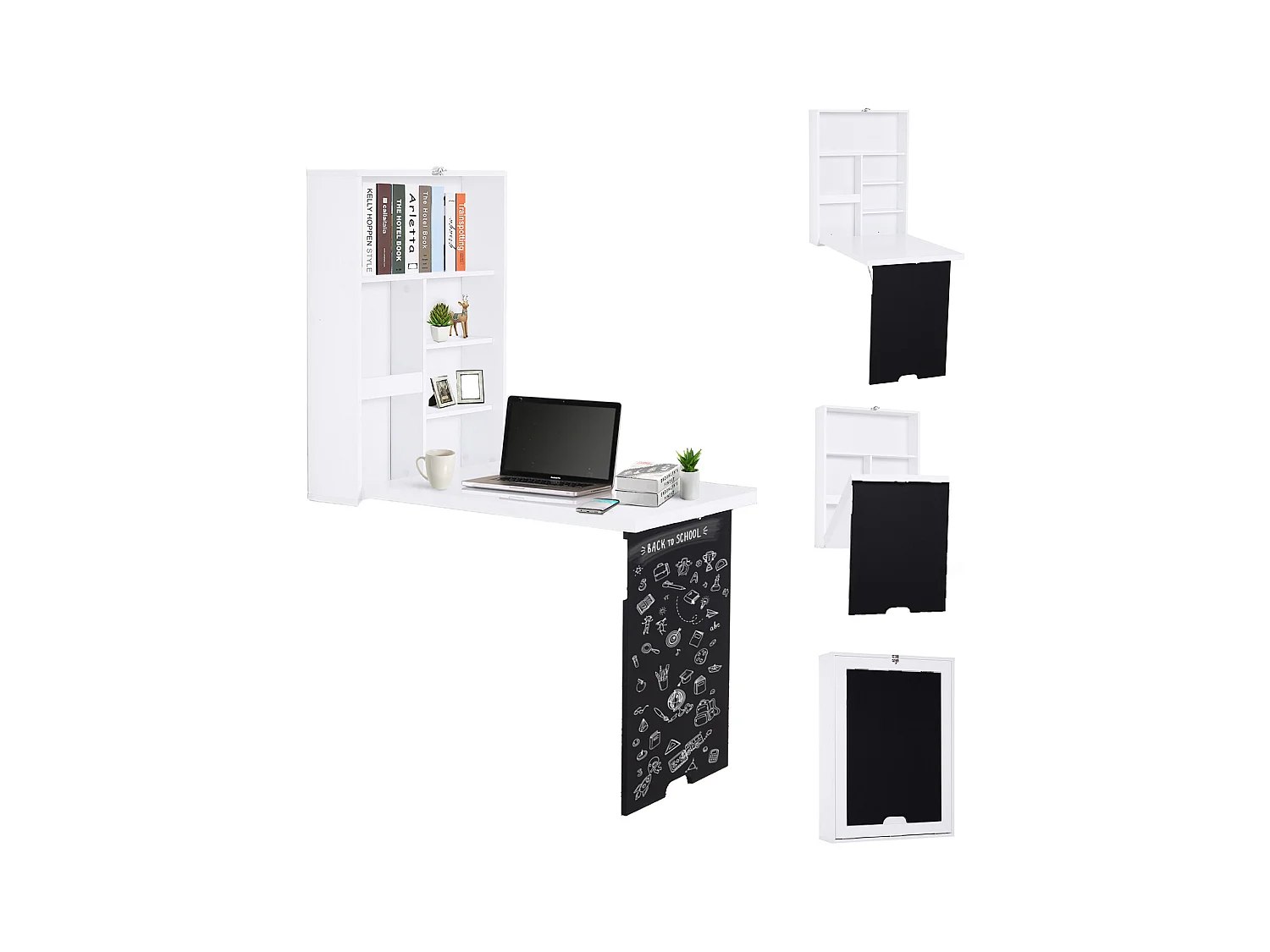Bureau mural pliable table murale rabattable suspendue sur pied étagère + tableau à craie intégré MDF blanc