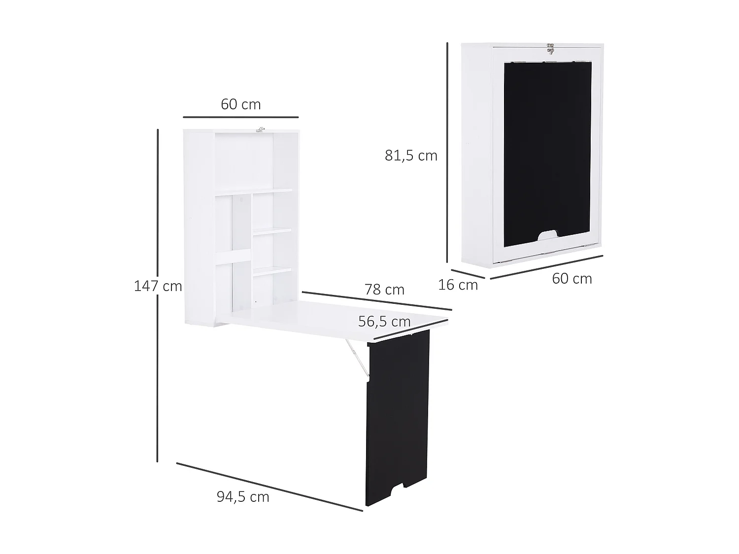 Bureau mural pliable table murale rabattable suspendue sur pied étagère + tableau à craie intégré MDF blanc
