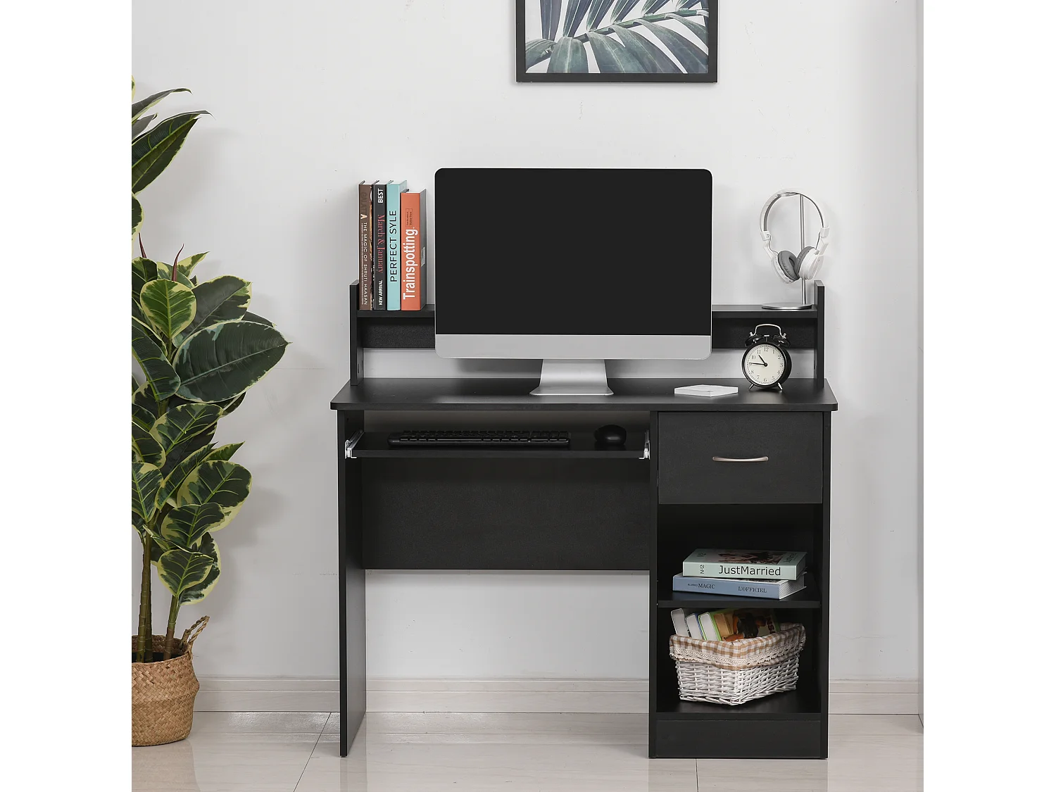 Bureau informatique multimédia multi-rangements panneaux particules noir