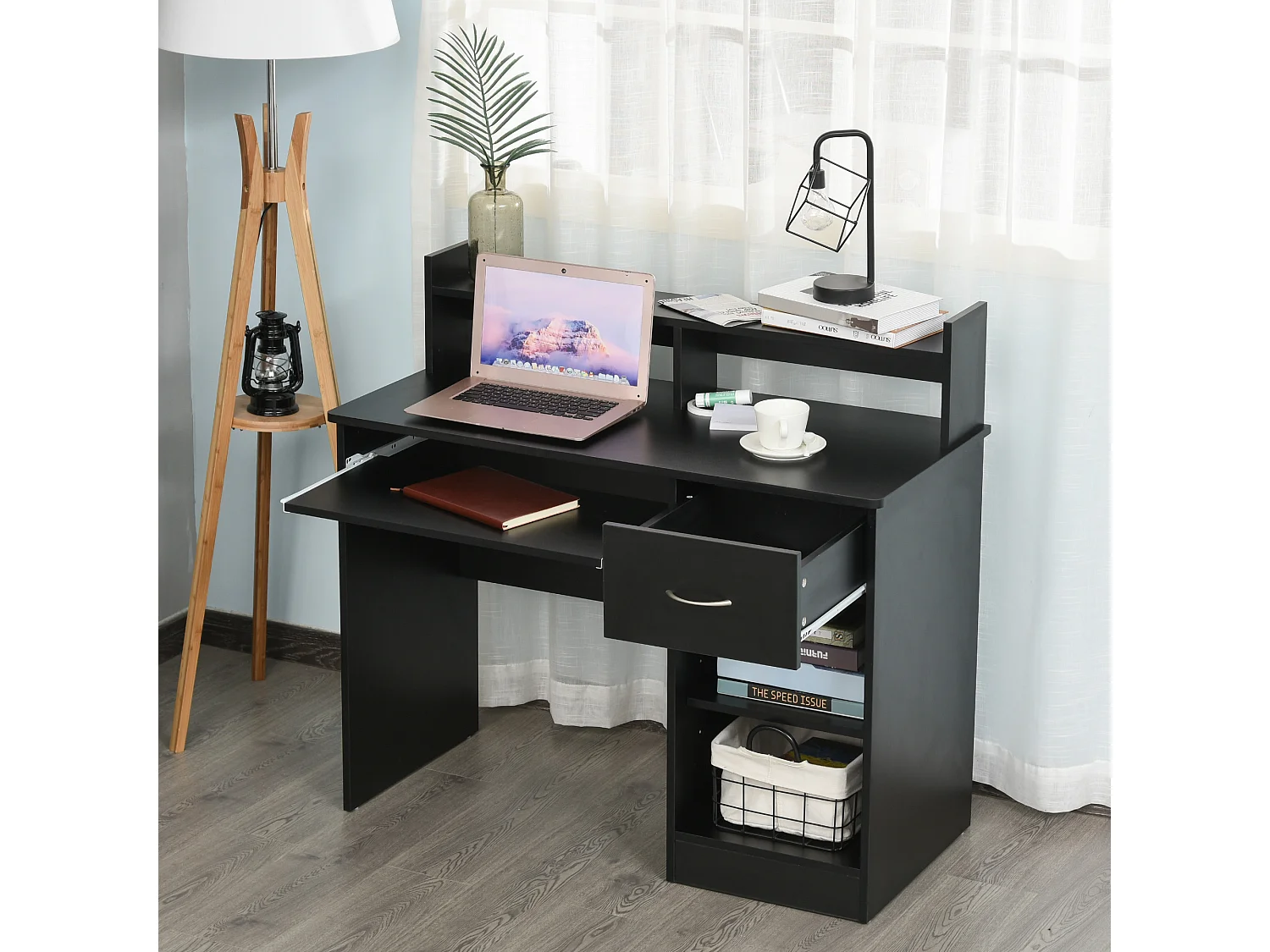 Bureau informatique multimédia multi-rangements panneaux particules noir