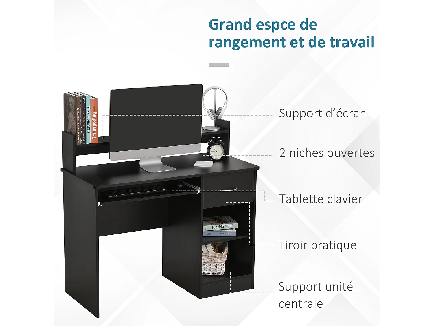 Bureau informatique multimédia multi-rangements panneaux particules noir