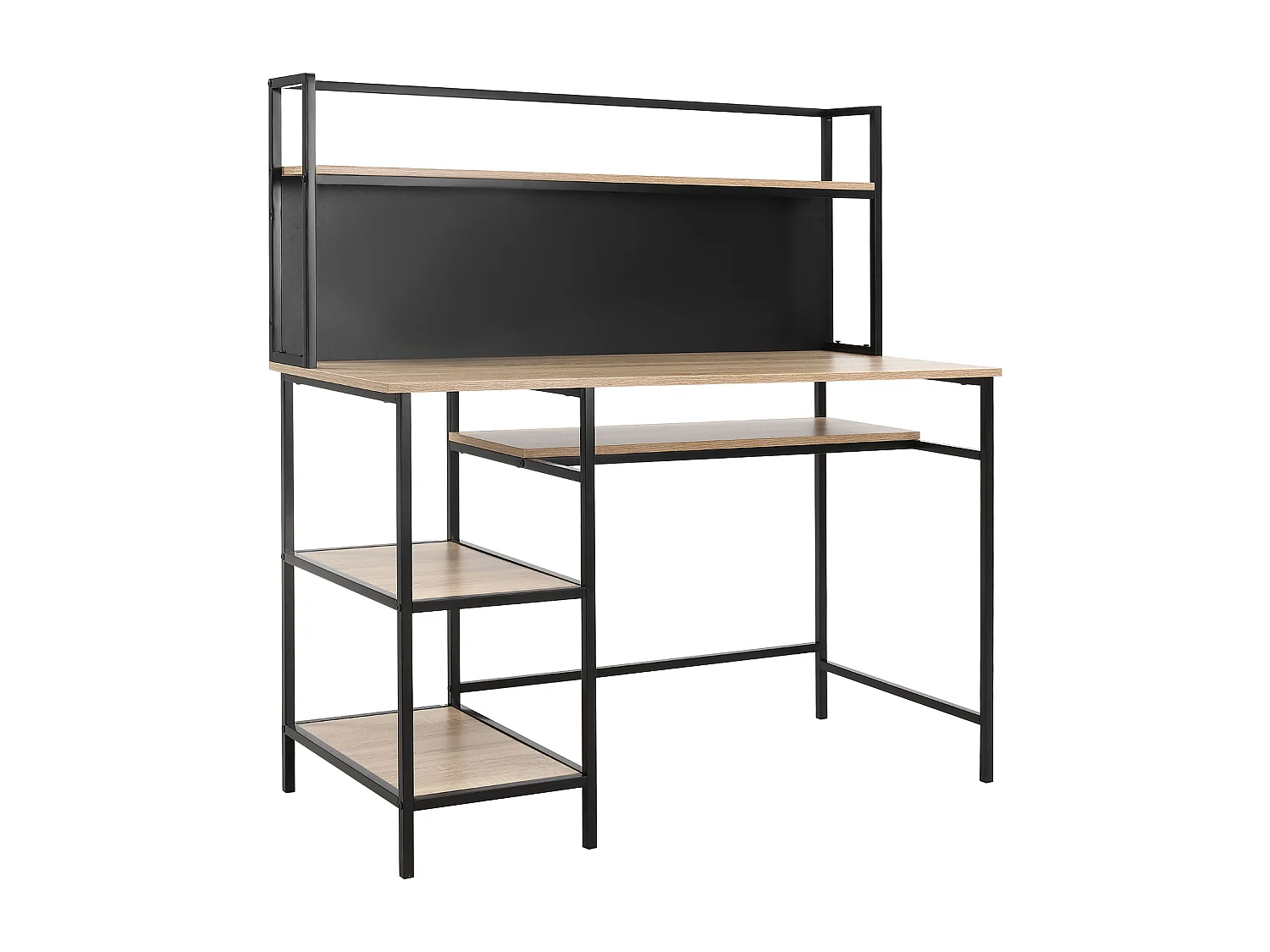 Bureau informatique design industriel 4 étagères grand plateau et panneau noir métal aspect chêne clair