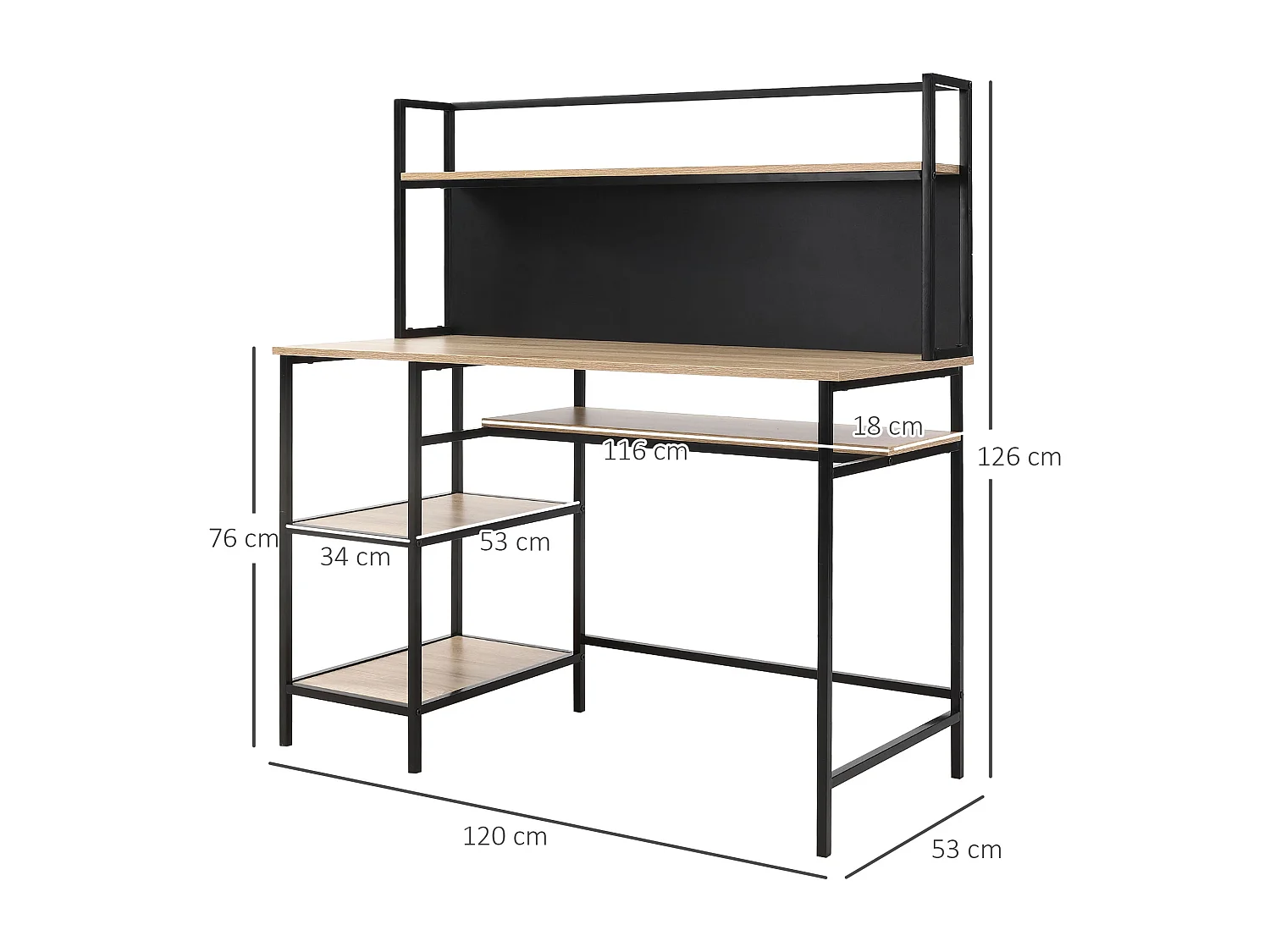 Bureau informatique design industriel 4 étagères grand plateau et panneau noir métal aspect chêne clair