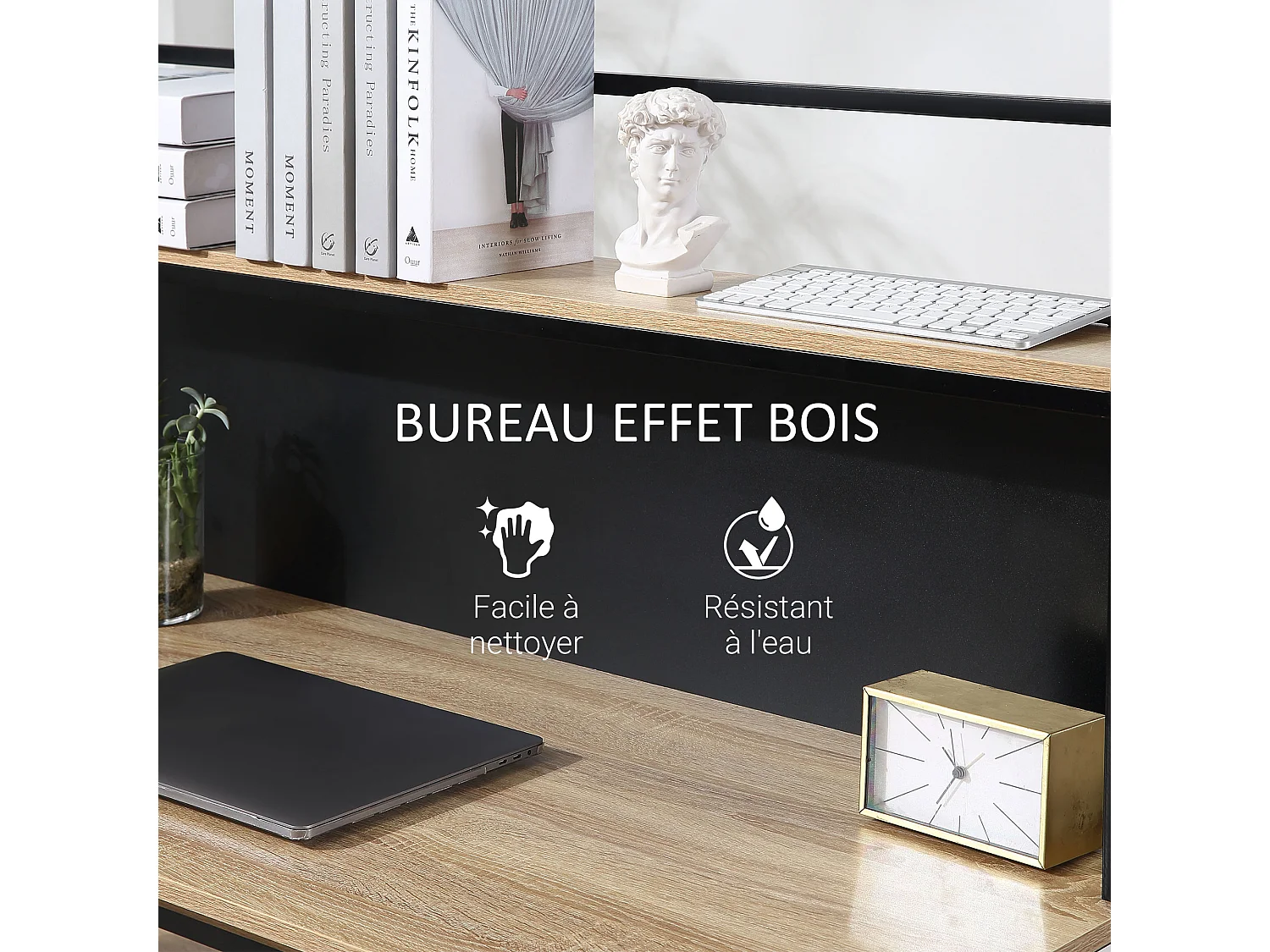 Bureau informatique design industriel 4 étagères grand plateau et panneau noir métal aspect chêne clair