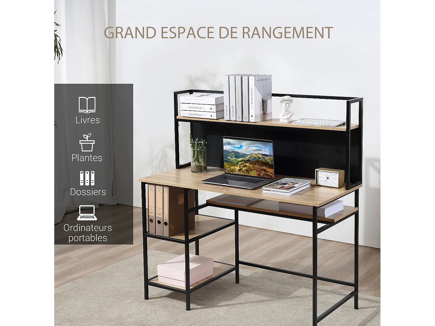 Bureau informatique design industriel 4 étagères grand plateau et panneau noir métal aspect chêne clair