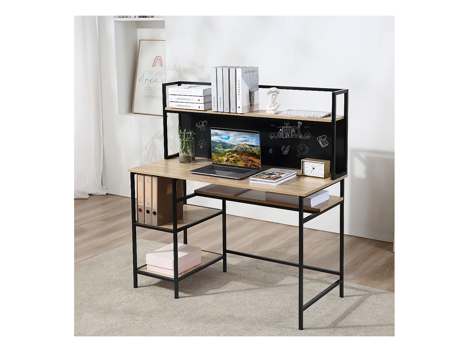 Bureau informatique design industriel 4 étagères grand plateau et panneau noir métal aspect chêne clair