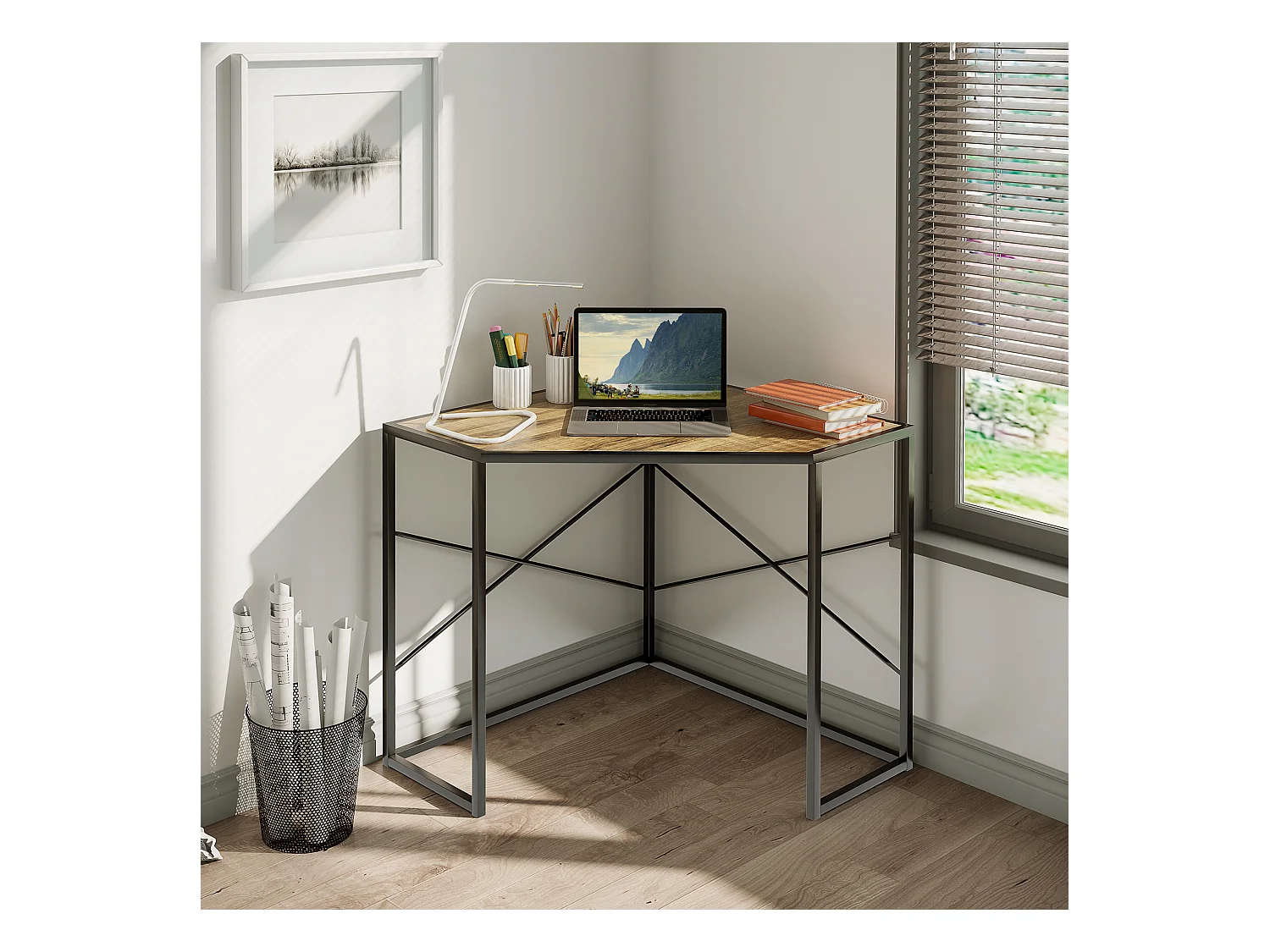 Bureau d'angle informatique design industriel - dim. 80L x 80l x 77,5H cm - métal noir panneaux particules aspect bois