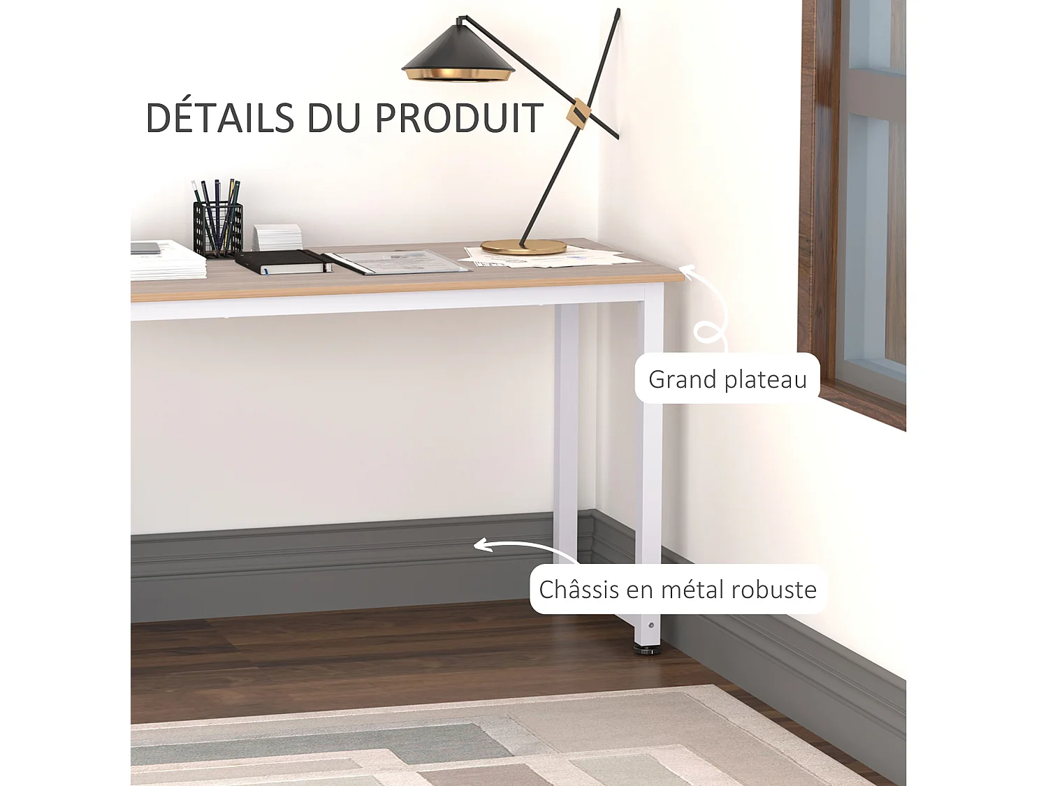 Table d'ordinateur 120L x 60l x 76H cm multifonction grand plateau cadre robuste en métal blanc effet bois