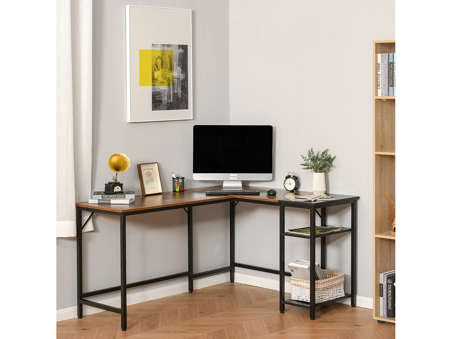 Bureau informatique design industriel bureau d'angle 2 tablettes support CPU imprimante aspect vieux bois métal noir