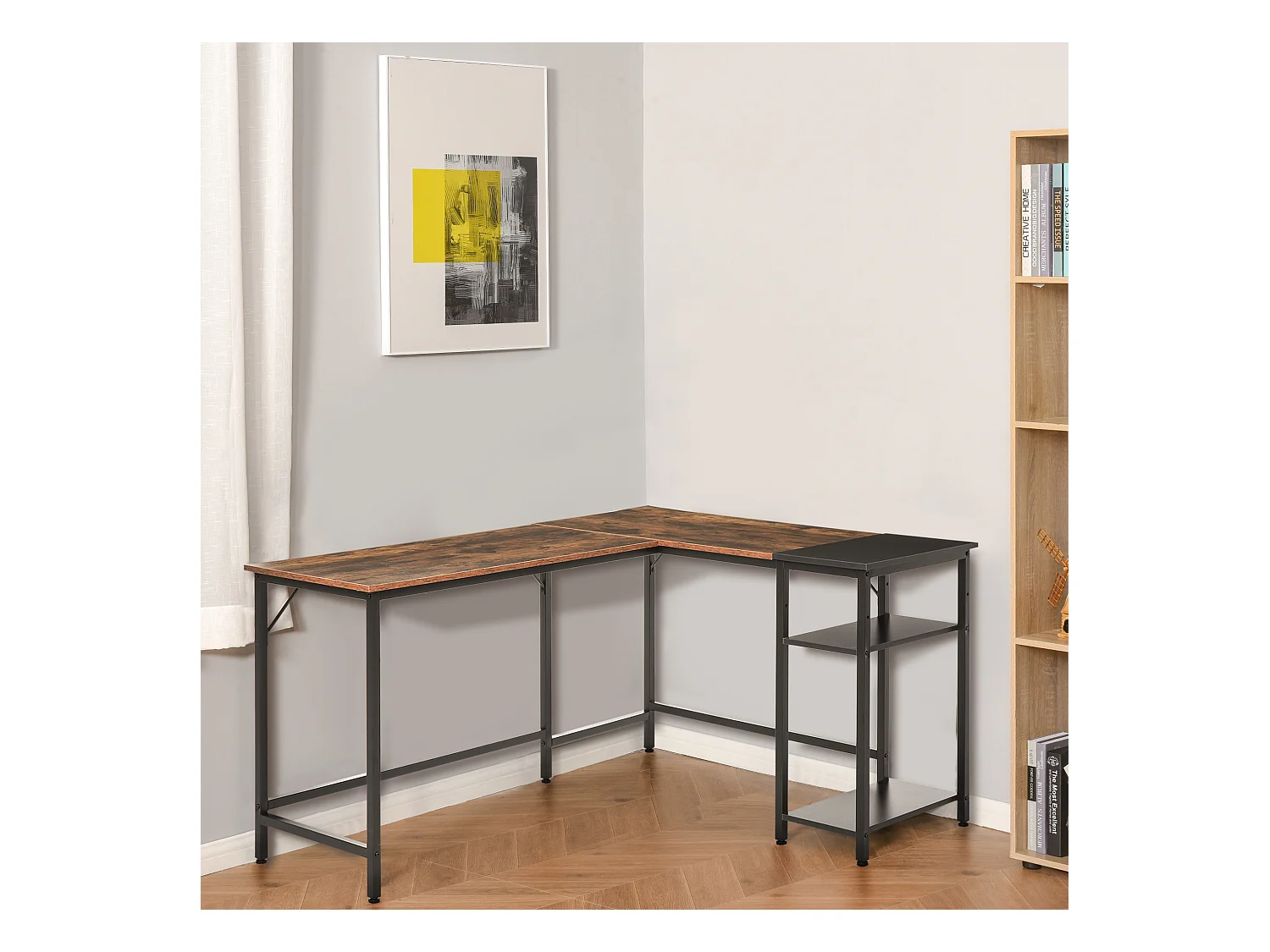 Bureau informatique design industriel bureau d'angle 2 tablettes support CPU imprimante aspect vieux bois métal noir