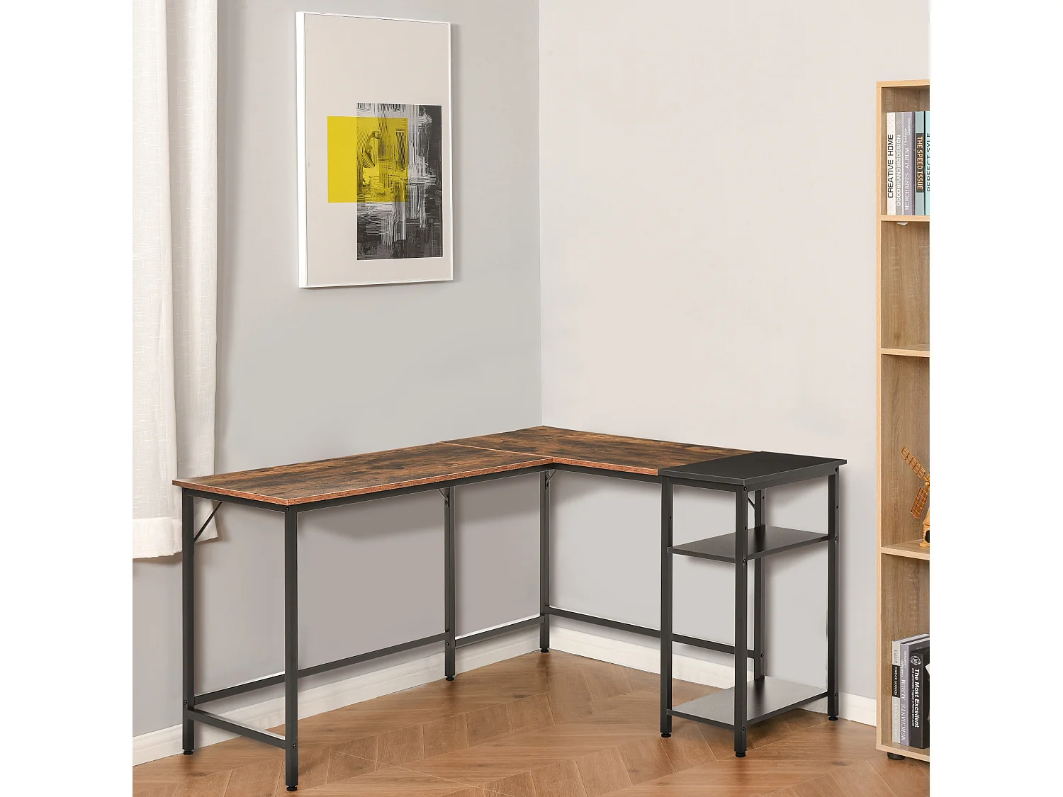 Bureau informatique design industriel bureau d'angle 2 tablettes support CPU imprimante aspect vieux bois métal noir