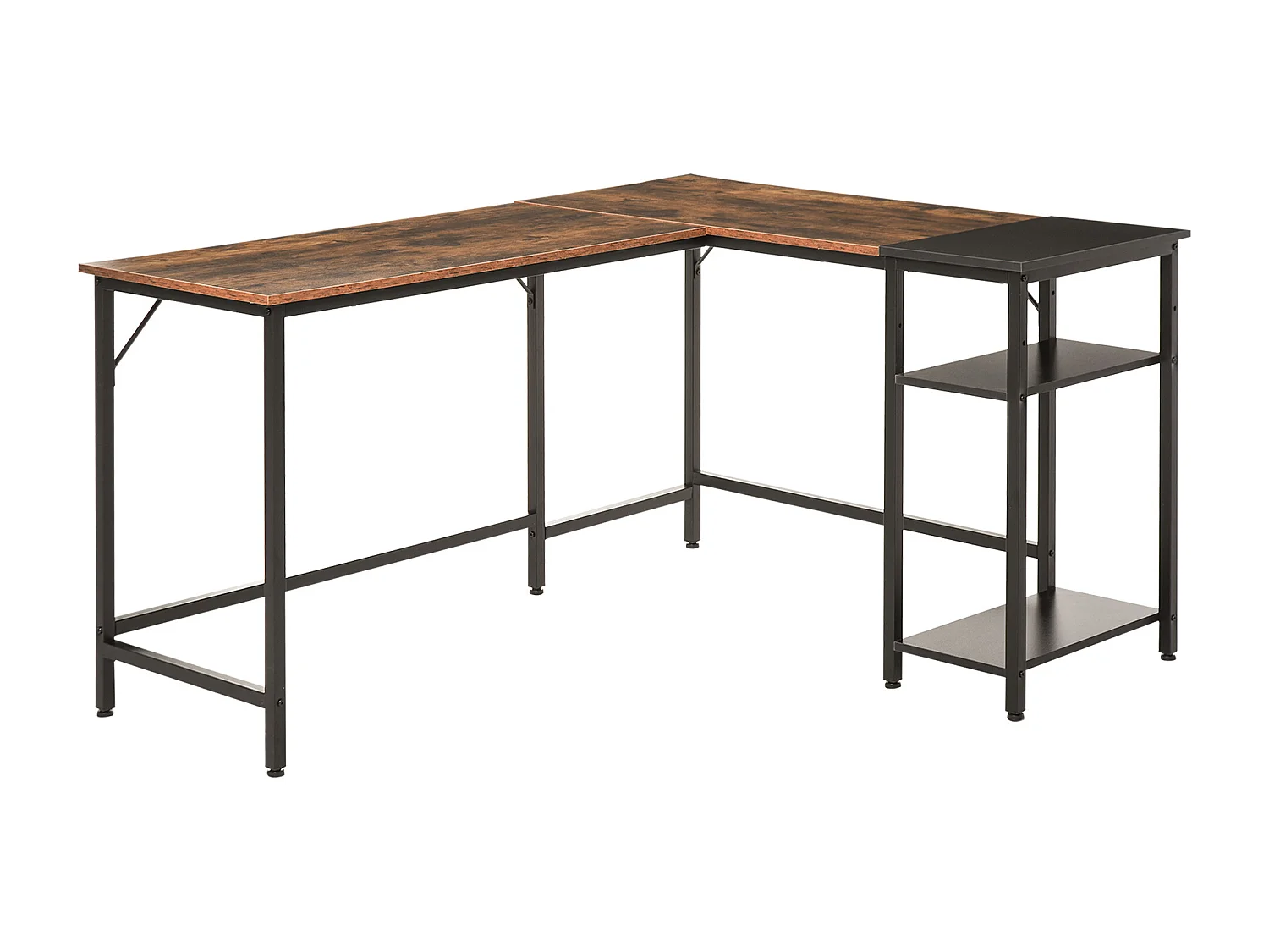 Bureau informatique design industriel bureau d'angle 2 tablettes support CPU imprimante aspect vieux bois métal noir