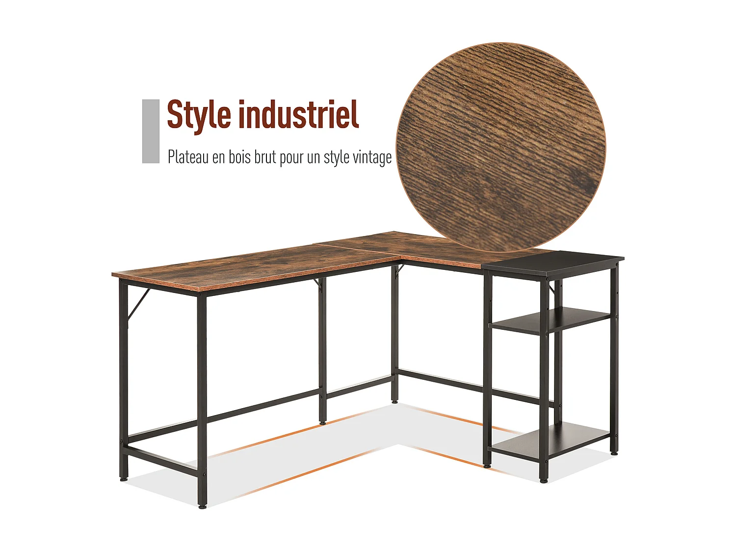 Bureau informatique design industriel bureau d'angle 2 tablettes support CPU imprimante aspect vieux bois métal noir