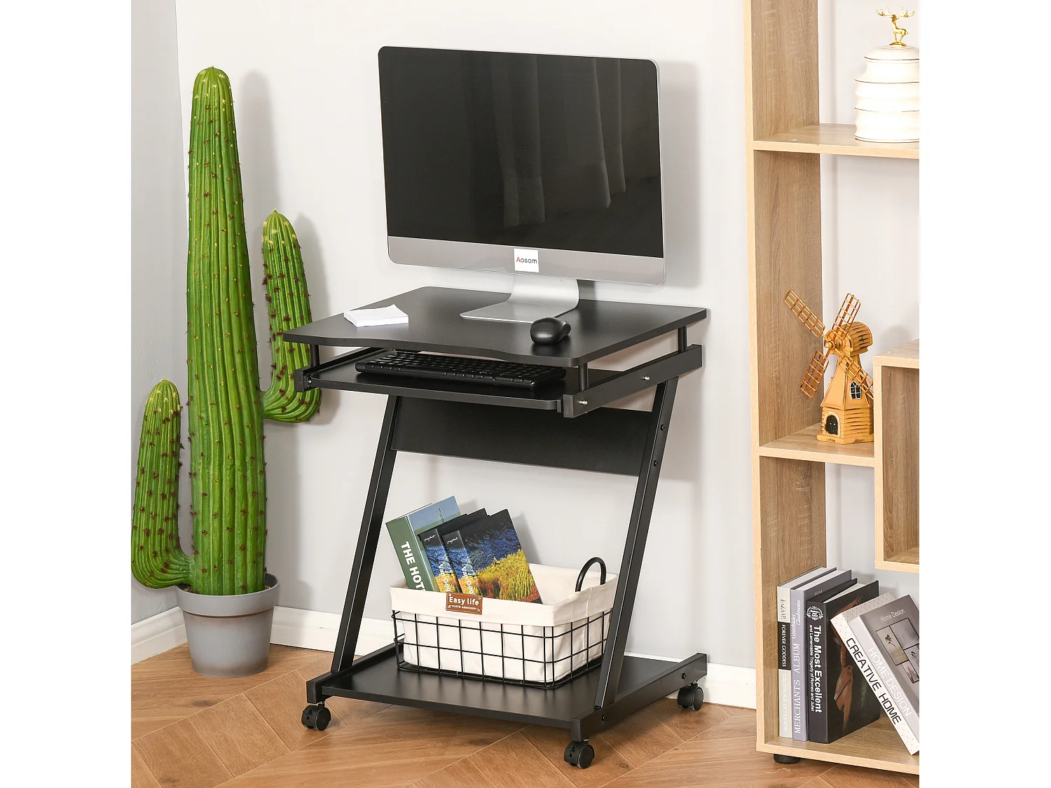 Bureau informatique roulant - bureau mobile - table d'ordinateur - tablette coulissante clavier + étagère - noir