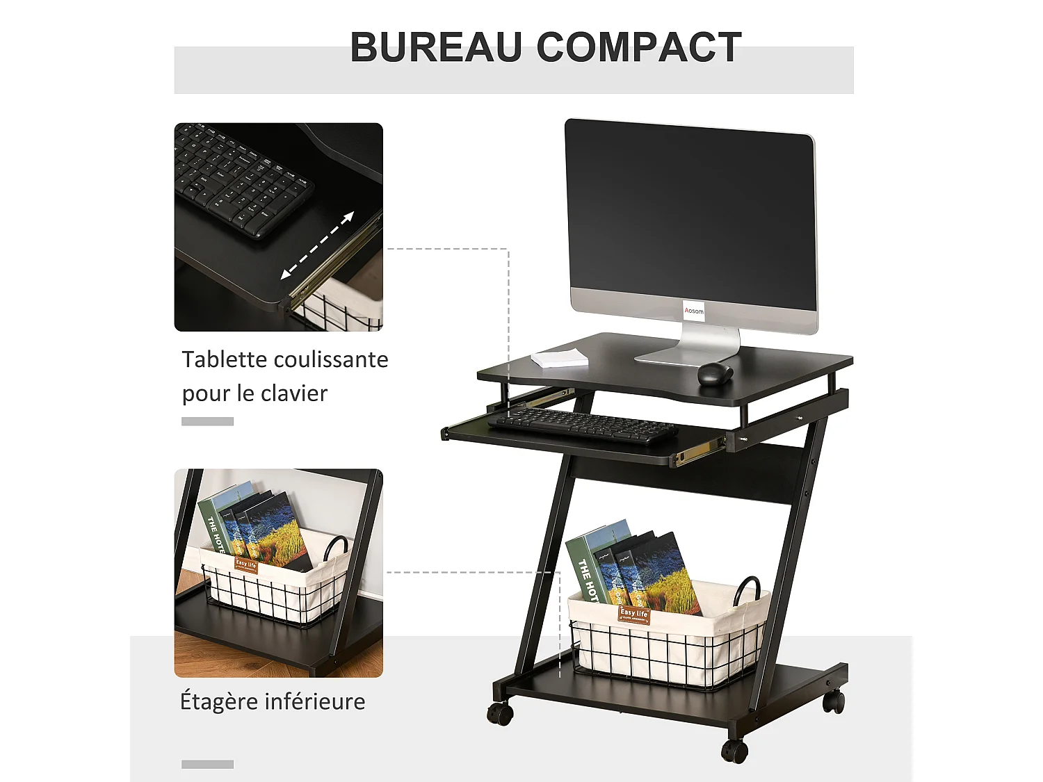 Bureau informatique roulant - bureau mobile - table d'ordinateur - tablette coulissante clavier + étagère - noir