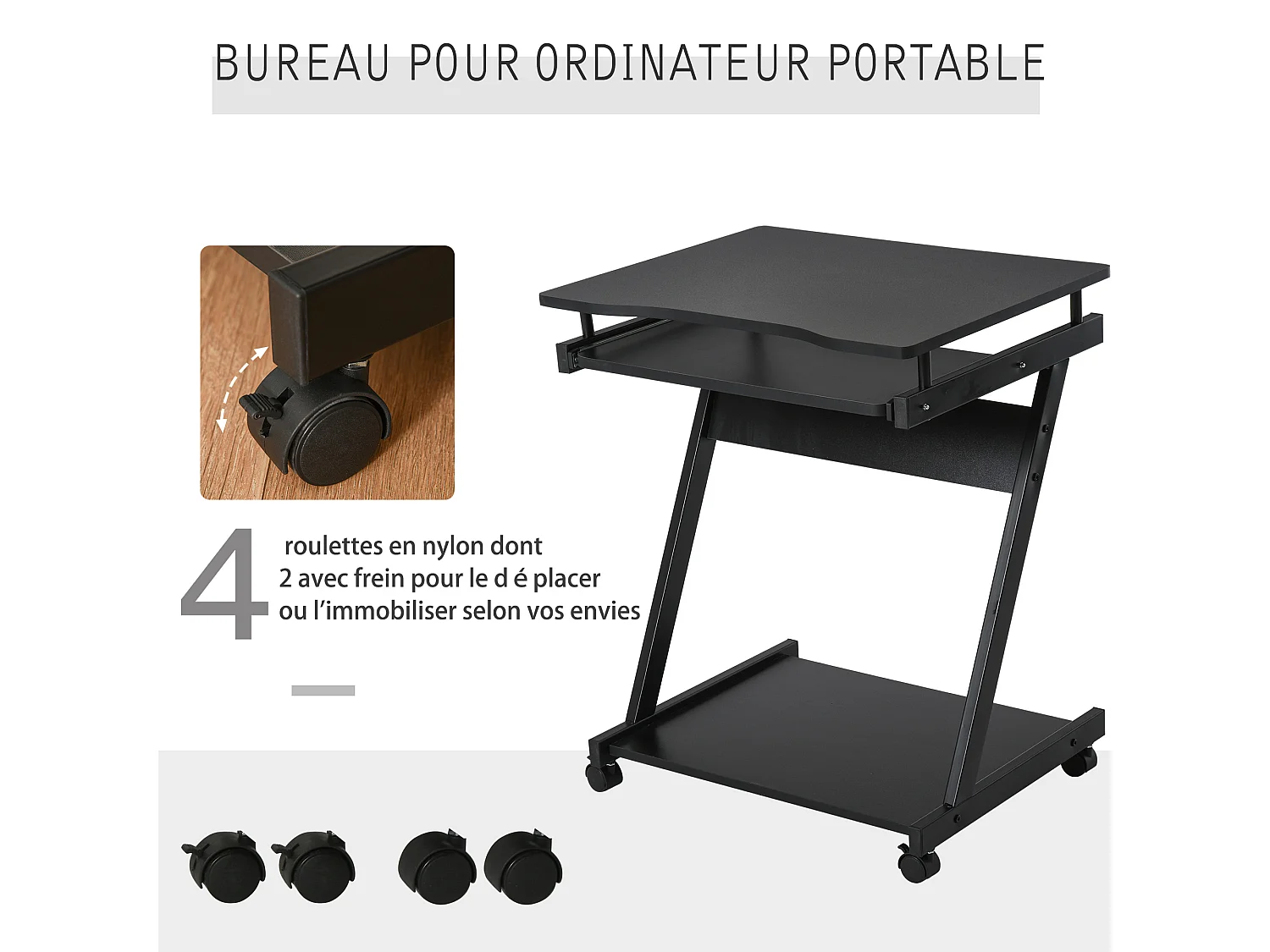Bureau informatique roulant - bureau mobile - table d'ordinateur - tablette coulissante clavier + étagère - noir