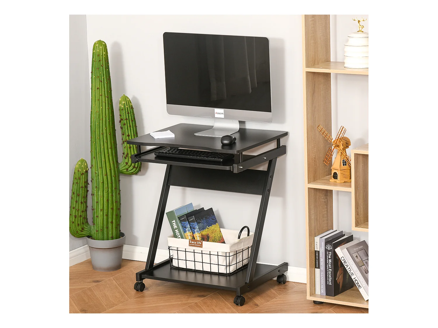 Bureau informatique roulant - bureau mobile - table d'ordinateur - tablette coulissante clavier + étagère - noir