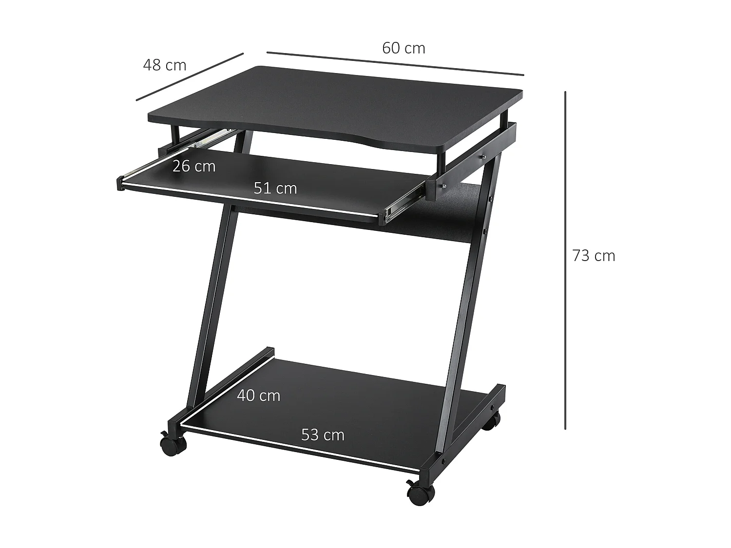 Bureau informatique roulant - bureau mobile - table d'ordinateur - tablette coulissante clavier + étagère - noir