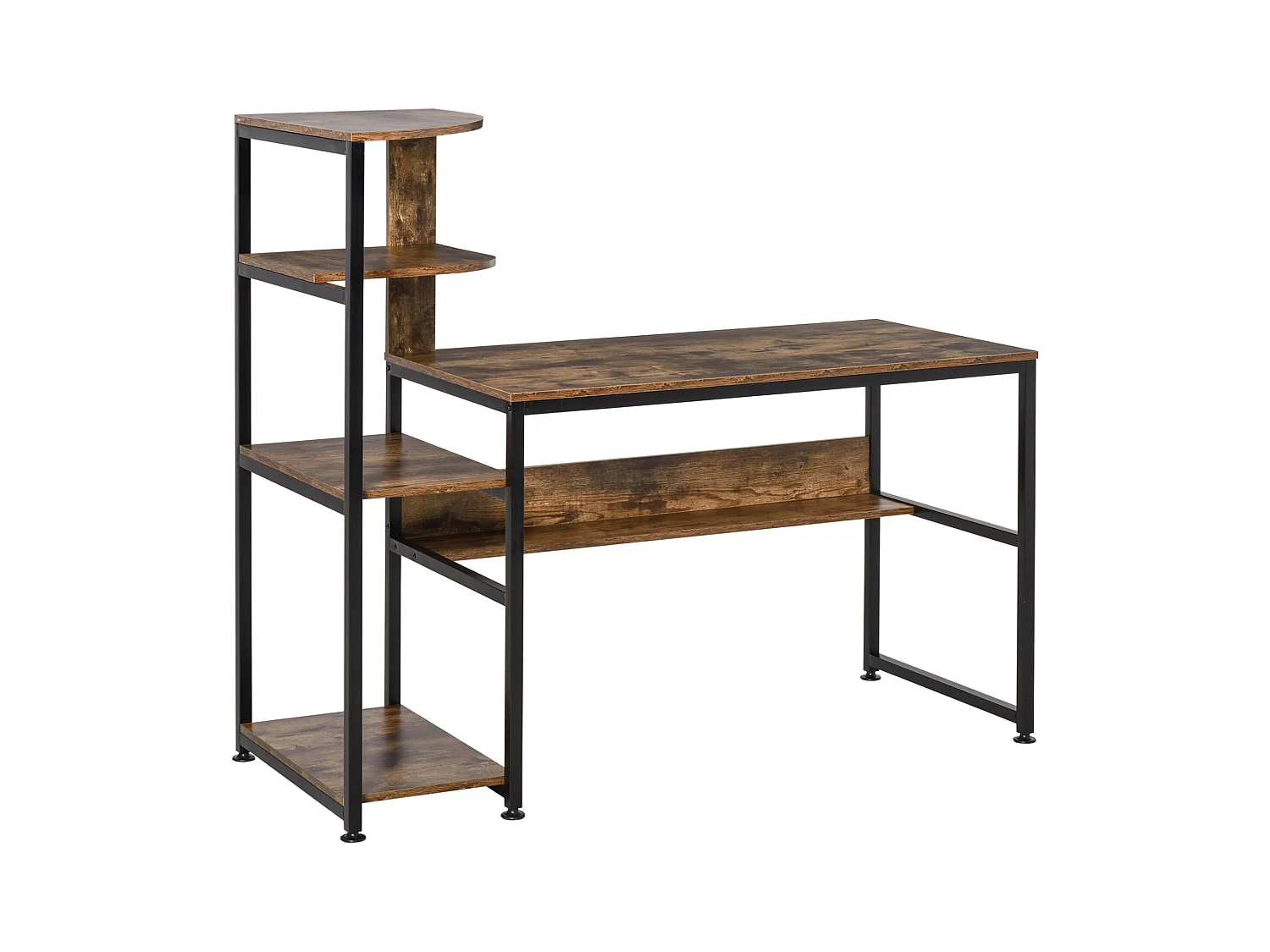 Bureau informatique design industriel avec bibliothèque 4 étagères panneaux particules aspect vieux bois métal noir