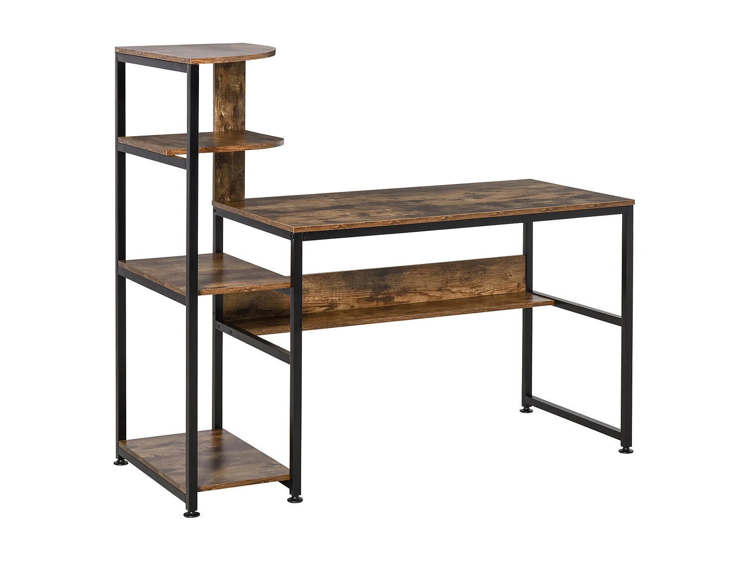 Bureau informatique design industriel avec bibliothèque 4 étagères panneaux particules aspect vieux bois métal noir