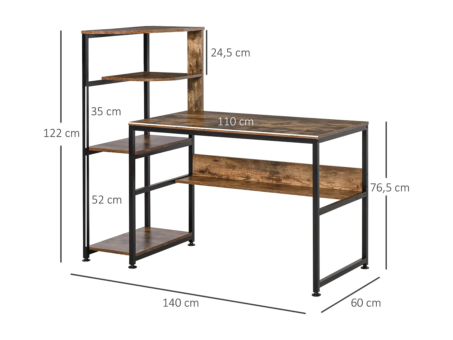 Bureau informatique design industriel avec bibliothèque 4 étagères panneaux particules aspect vieux bois métal noir