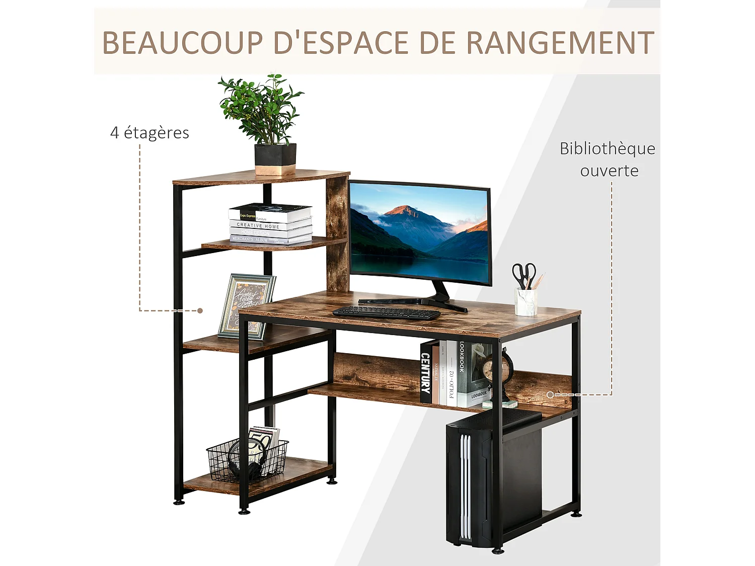 Bureau informatique design industriel avec bibliothèque 4 étagères panneaux particules aspect vieux bois métal noir