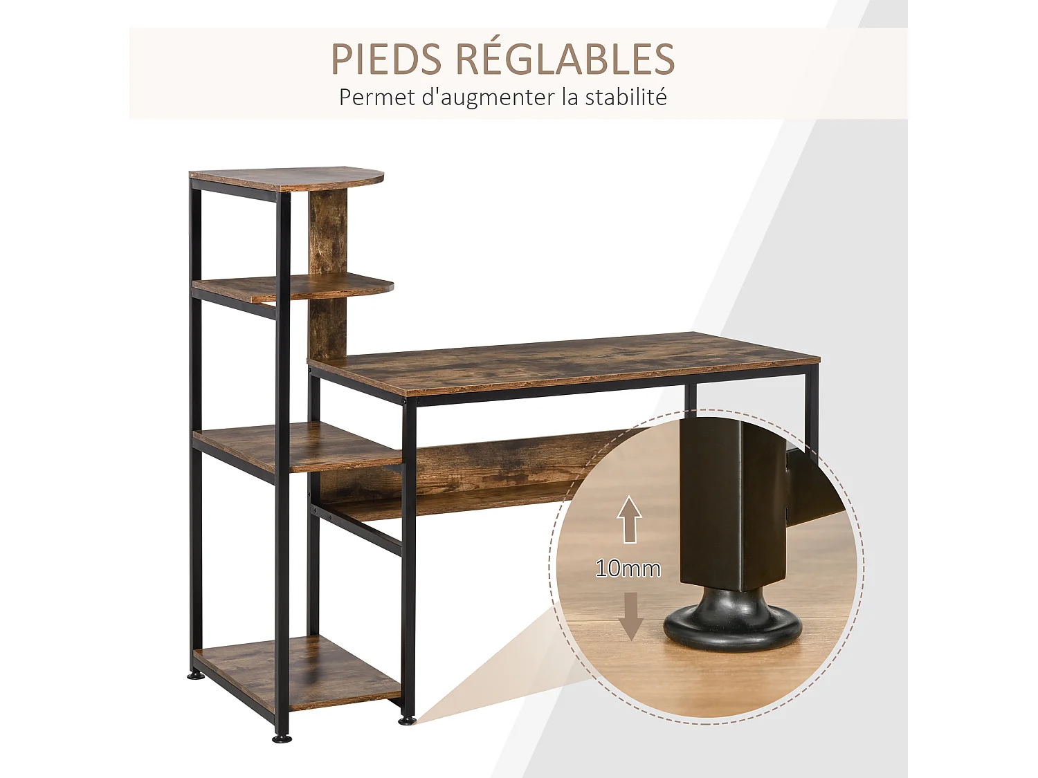 Bureau informatique design industriel avec bibliothèque 4 étagères panneaux particules aspect vieux bois métal noir