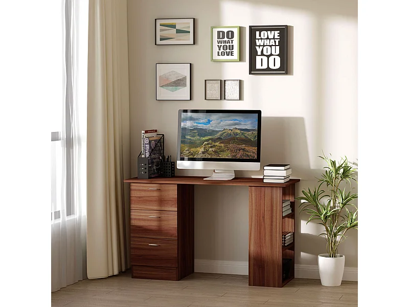 Bureau informatique table multi-fonctions 3 tiroirs 2 étagères dim. 120L x 49l x 72H cm MDF aspect noyer