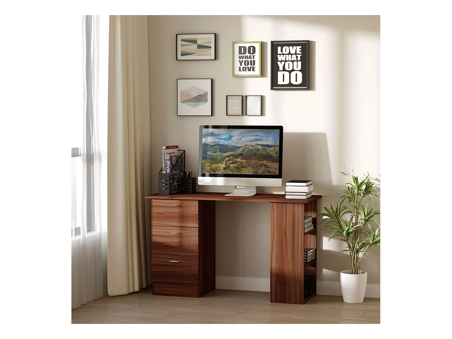 Bureau informatique table multi-fonctions 3 tiroirs 2 étagères dim. 120L x 49l x 72H cm MDF aspect noyer