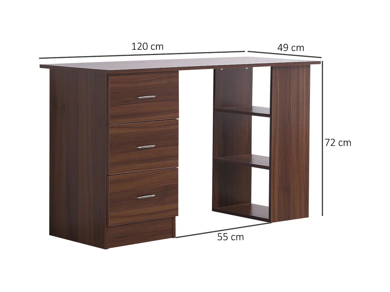 Bureau informatique table multi-fonctions 3 tiroirs 2 étagères dim. 120L x 49l x 72H cm MDF aspect noyer
