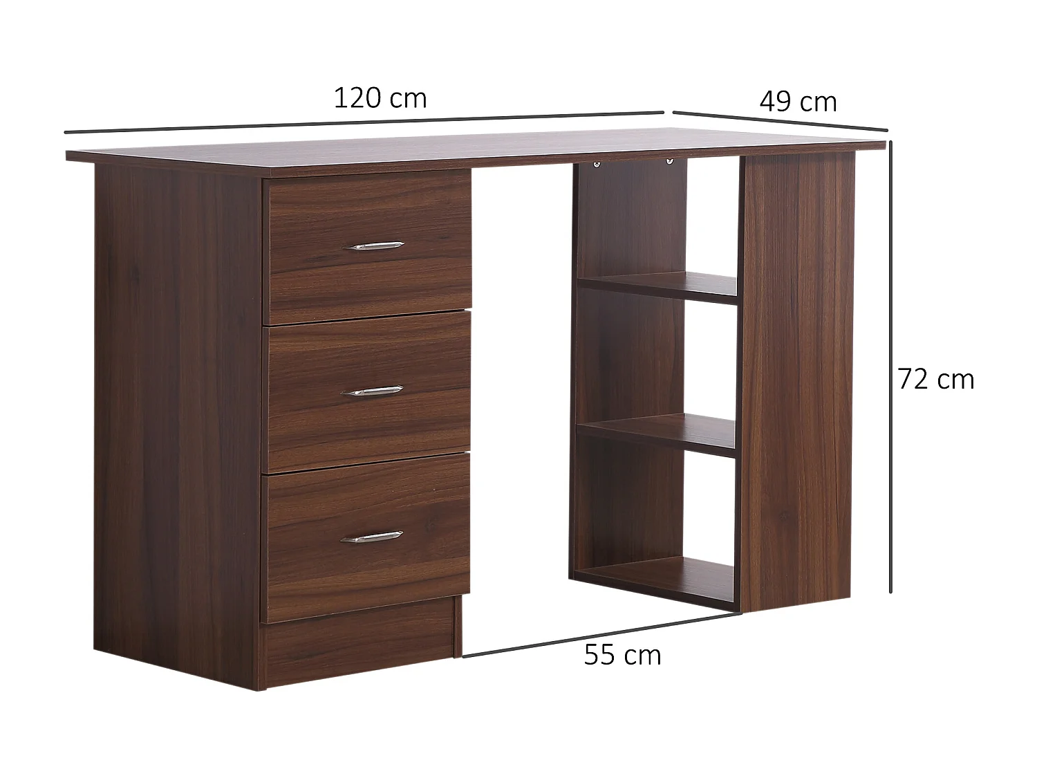 Bureau informatique table multi-fonctions 3 tiroirs 2 étagères dim. 120L x 49l x 72H cm MDF aspect noyer