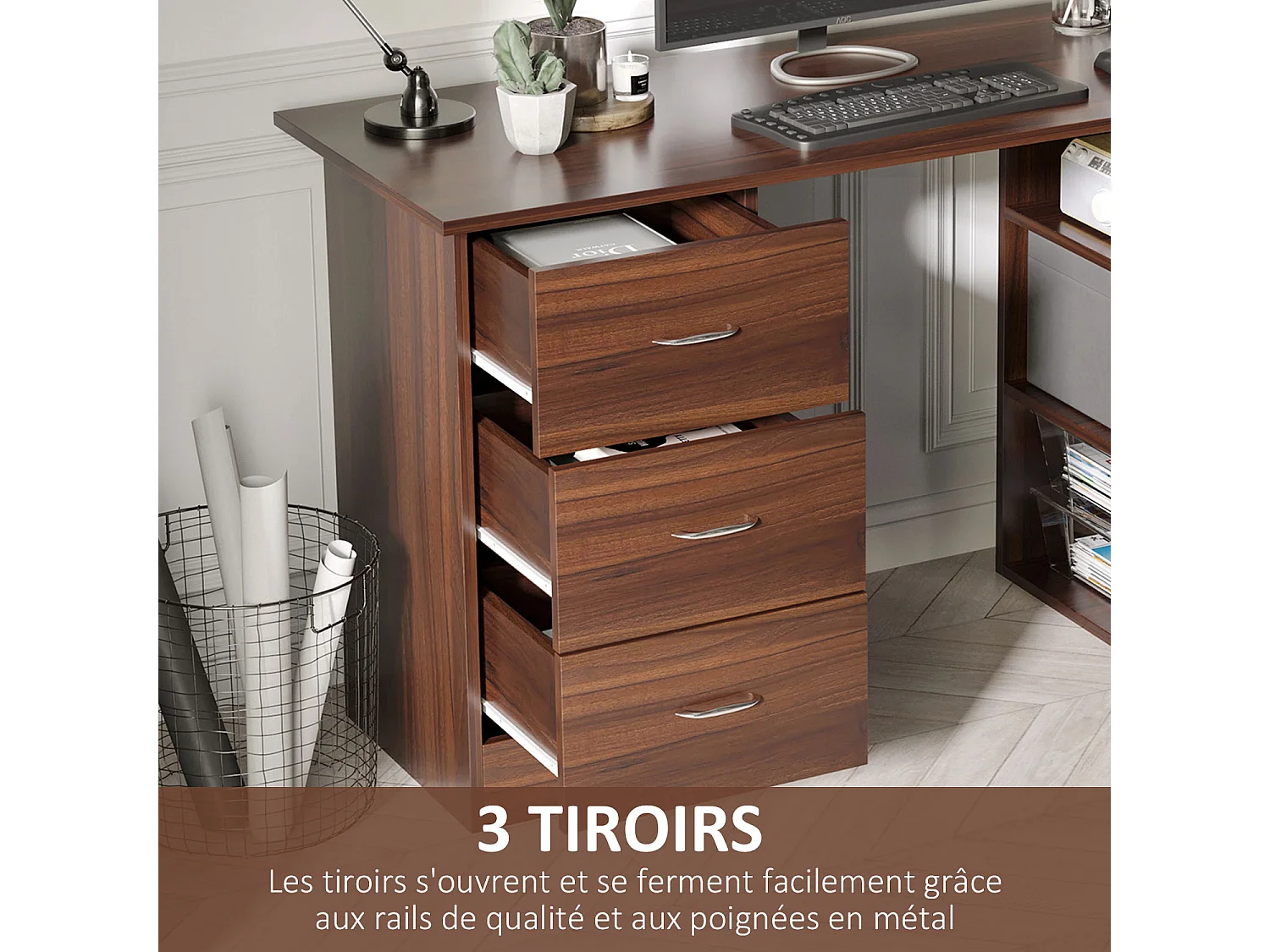 Bureau informatique table multi-fonctions 3 tiroirs 2 étagères dim. 120L x 49l x 72H cm MDF aspect noyer