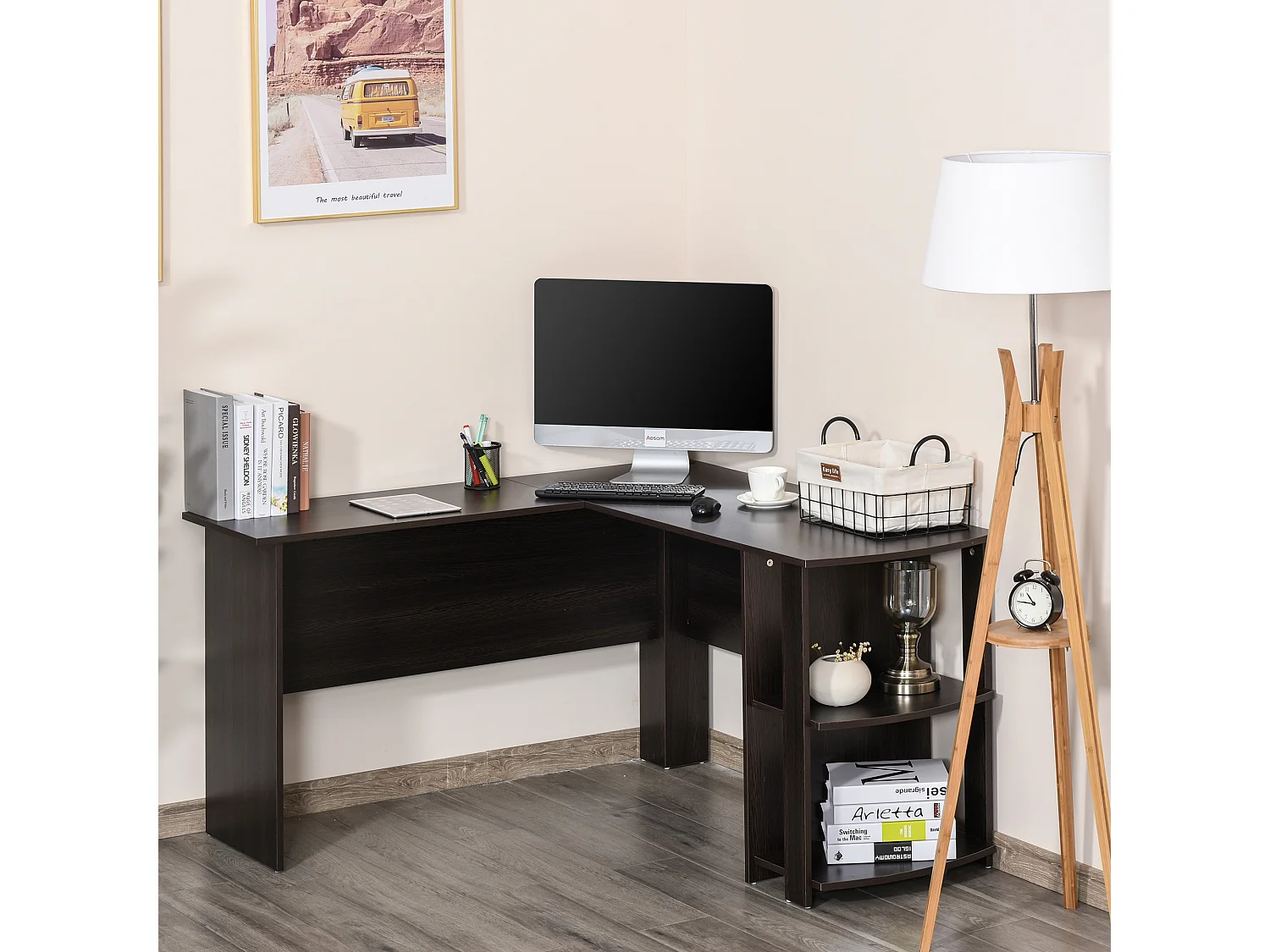 Bureau informatique bureau d'angle contemporain avec étagères imitation wengé