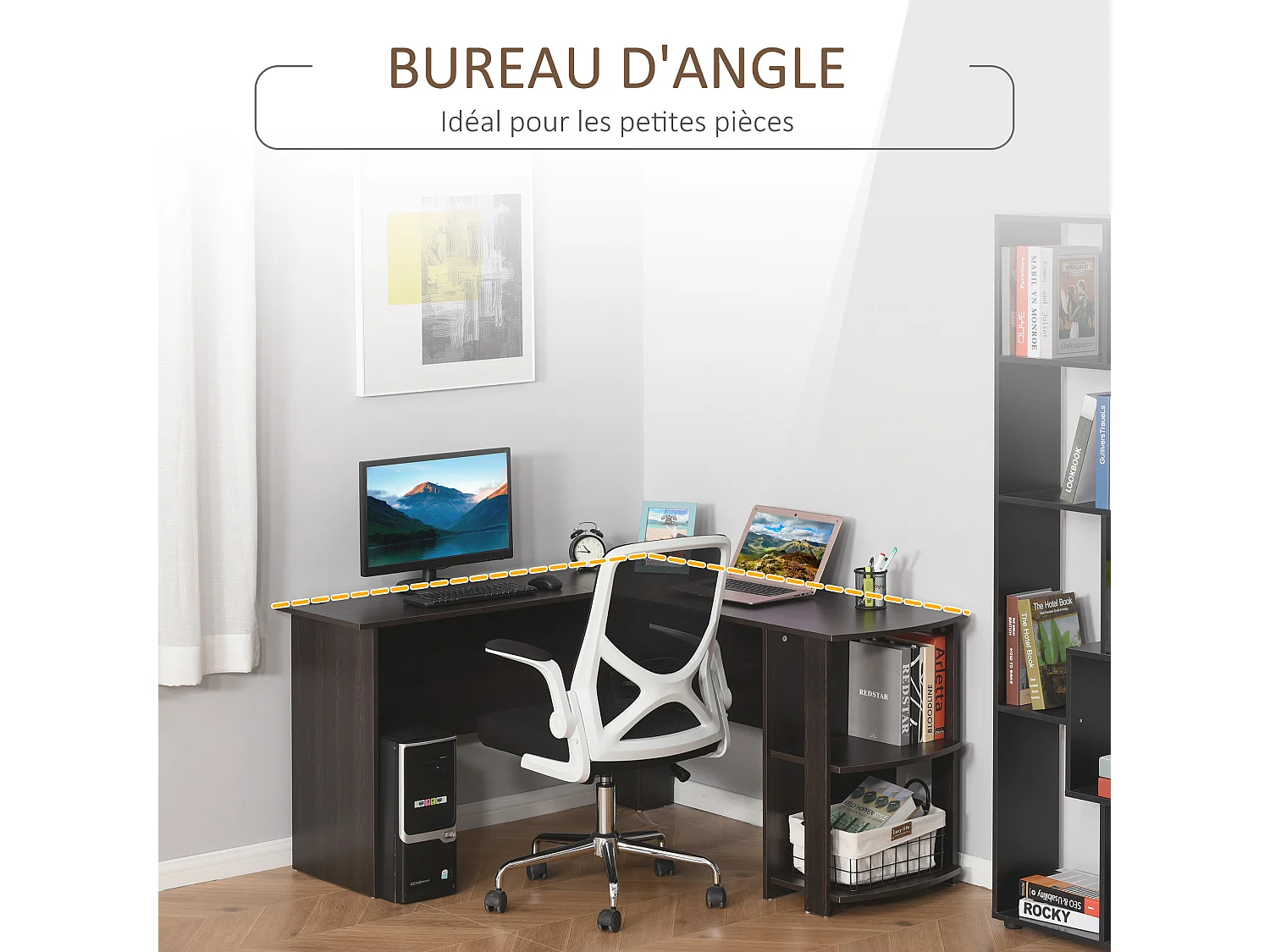 Bureau informatique bureau d'angle contemporain avec étagères imitation wengé