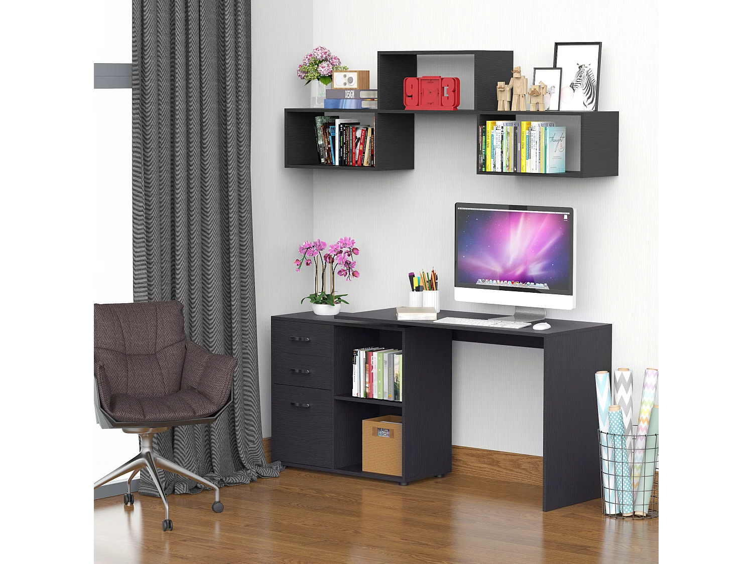 Bureau informatique multimédia modulable multi-rangements double niche + 3 tiroirs coulissants MDF noir