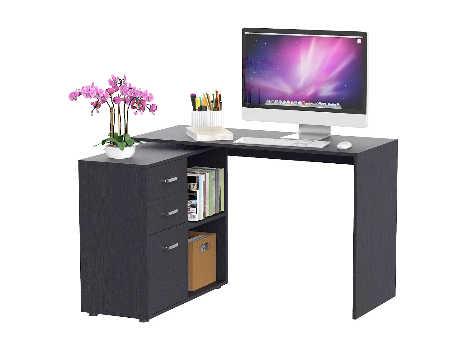 Bureau informatique multimédia modulable multi-rangements double niche + 3 tiroirs coulissants MDF noir