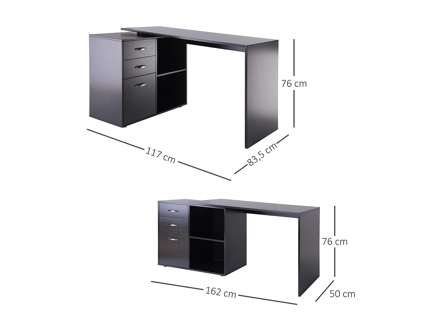 Bureau informatique multimédia modulable multi-rangements double niche + 3 tiroirs coulissants MDF noir