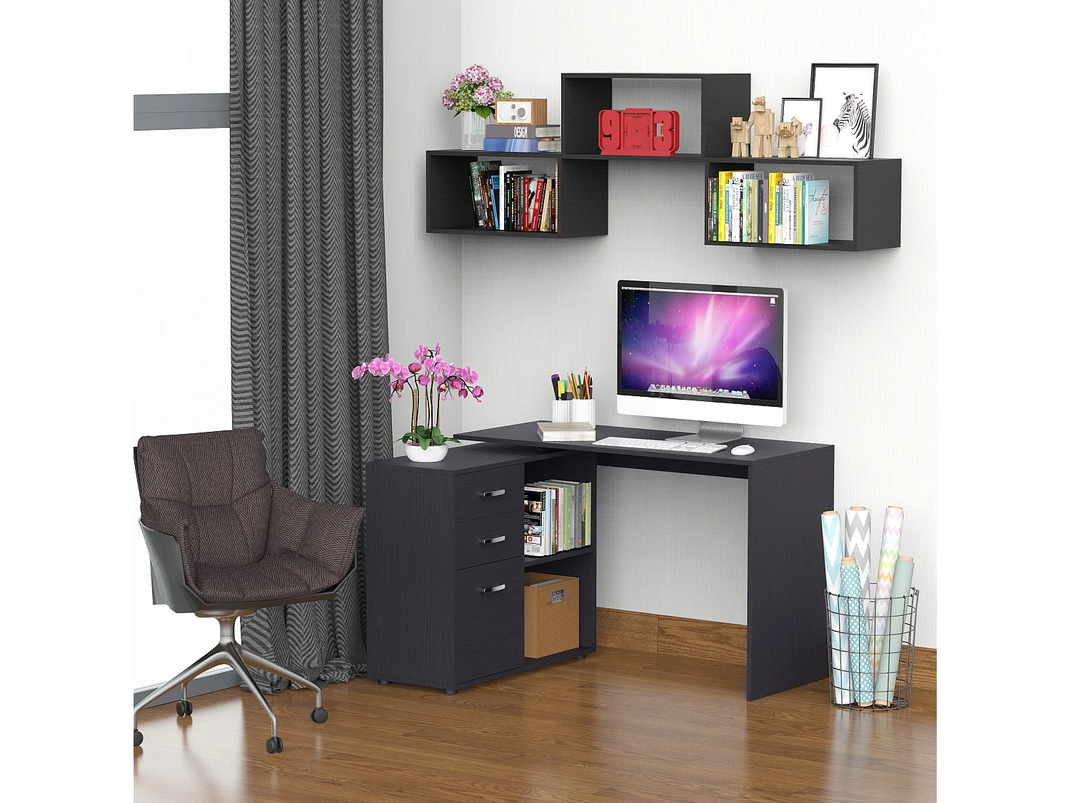 Bureau informatique multimédia modulable multi-rangements double niche + 3 tiroirs coulissants MDF noir