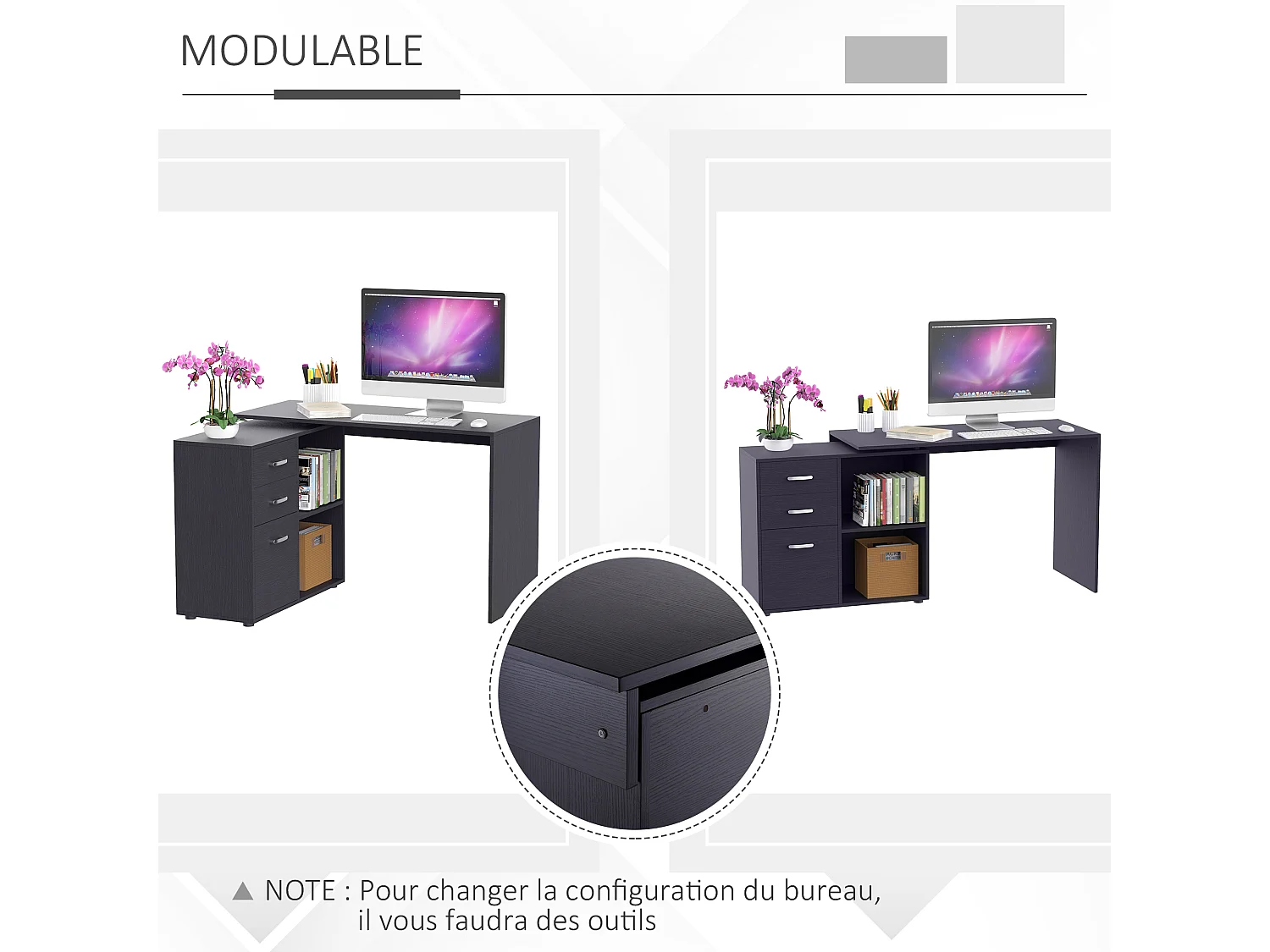Bureau informatique multimédia modulable multi-rangements double niche + 3 tiroirs coulissants MDF noir