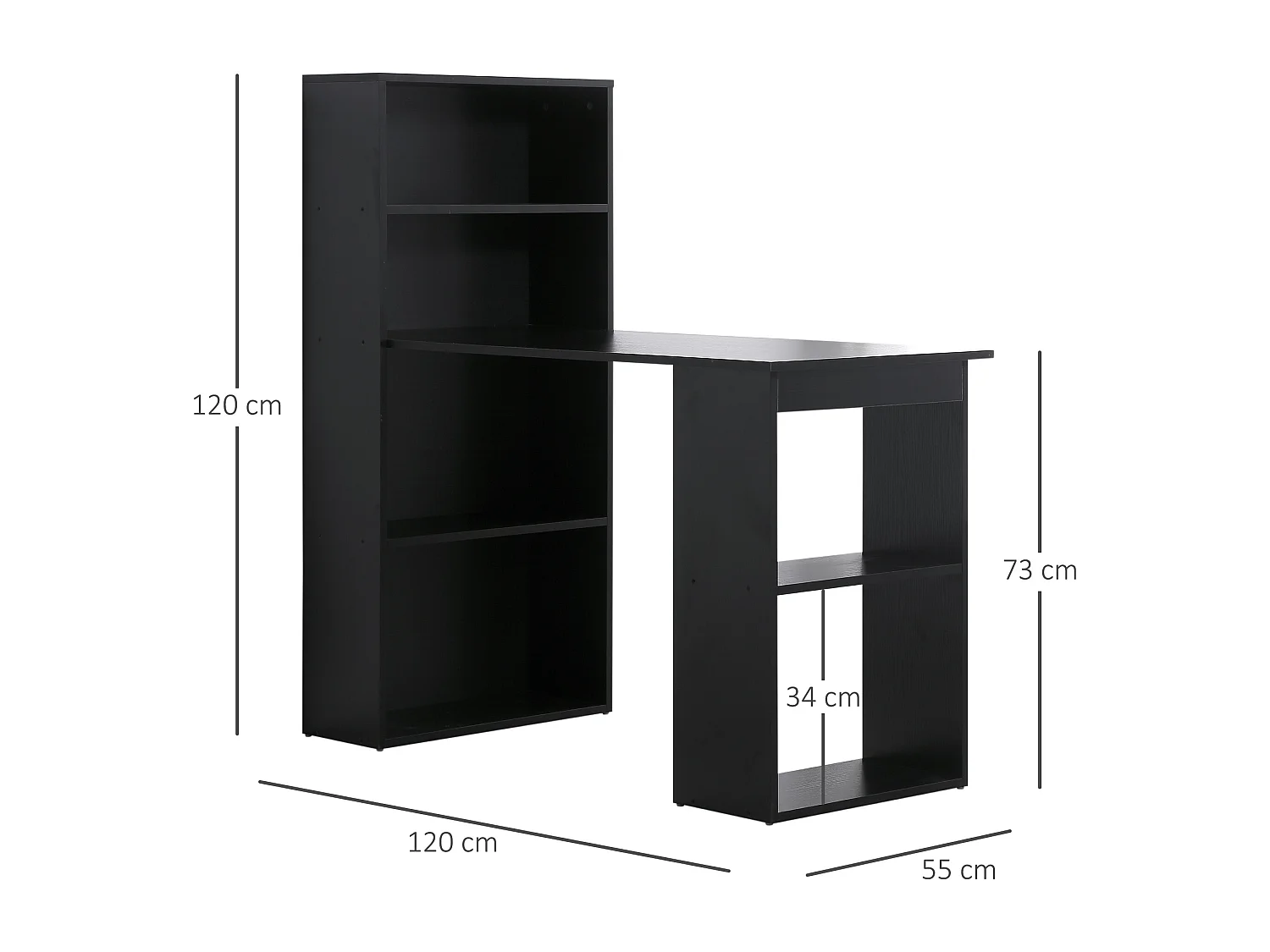 Bureau informatique 120L x 55l x 120H cm bibliothèque adjacente multi-rangements noir