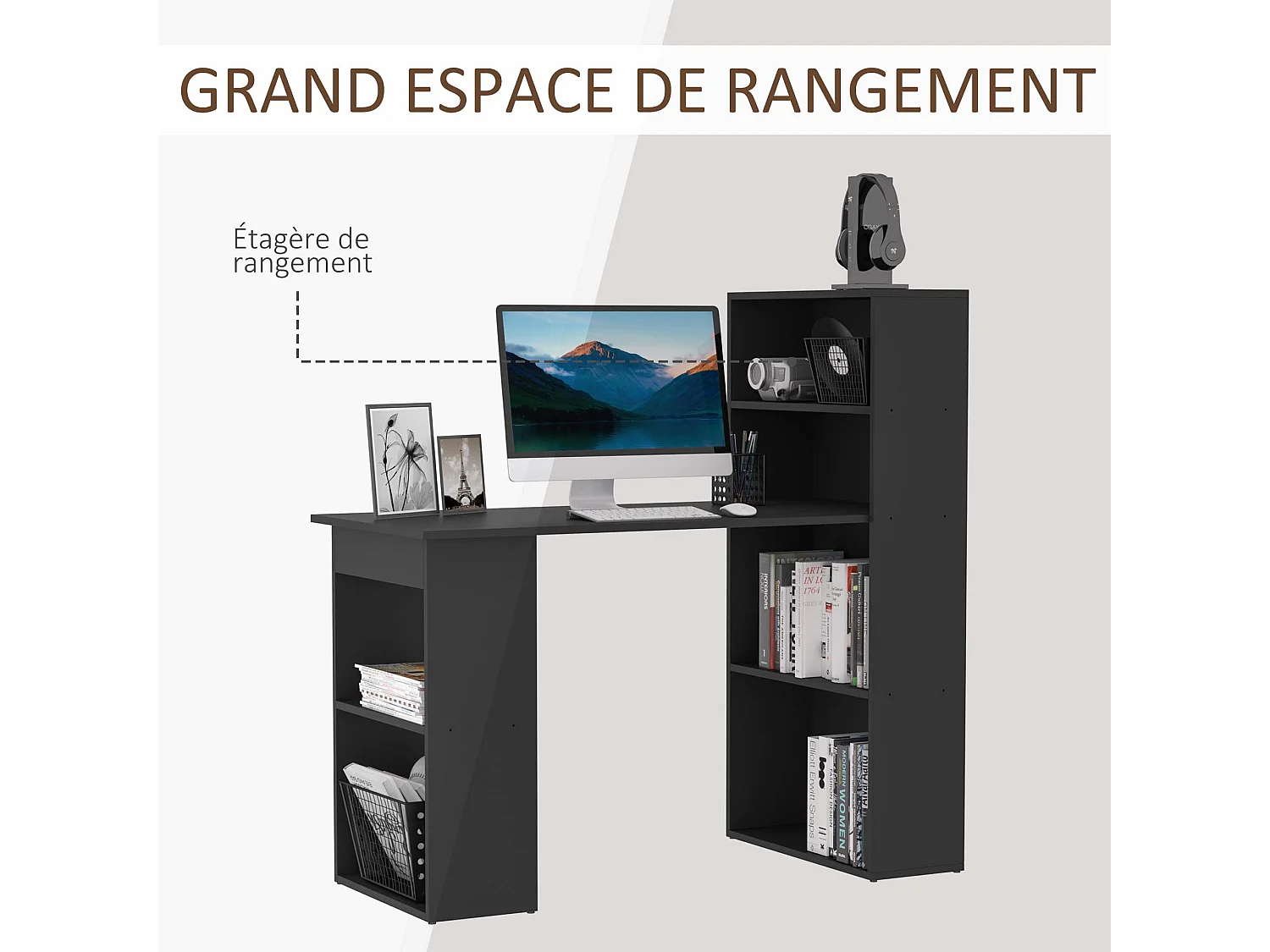 Bureau informatique 120L x 55l x 120H cm bibliothèque adjacente multi-rangements noir