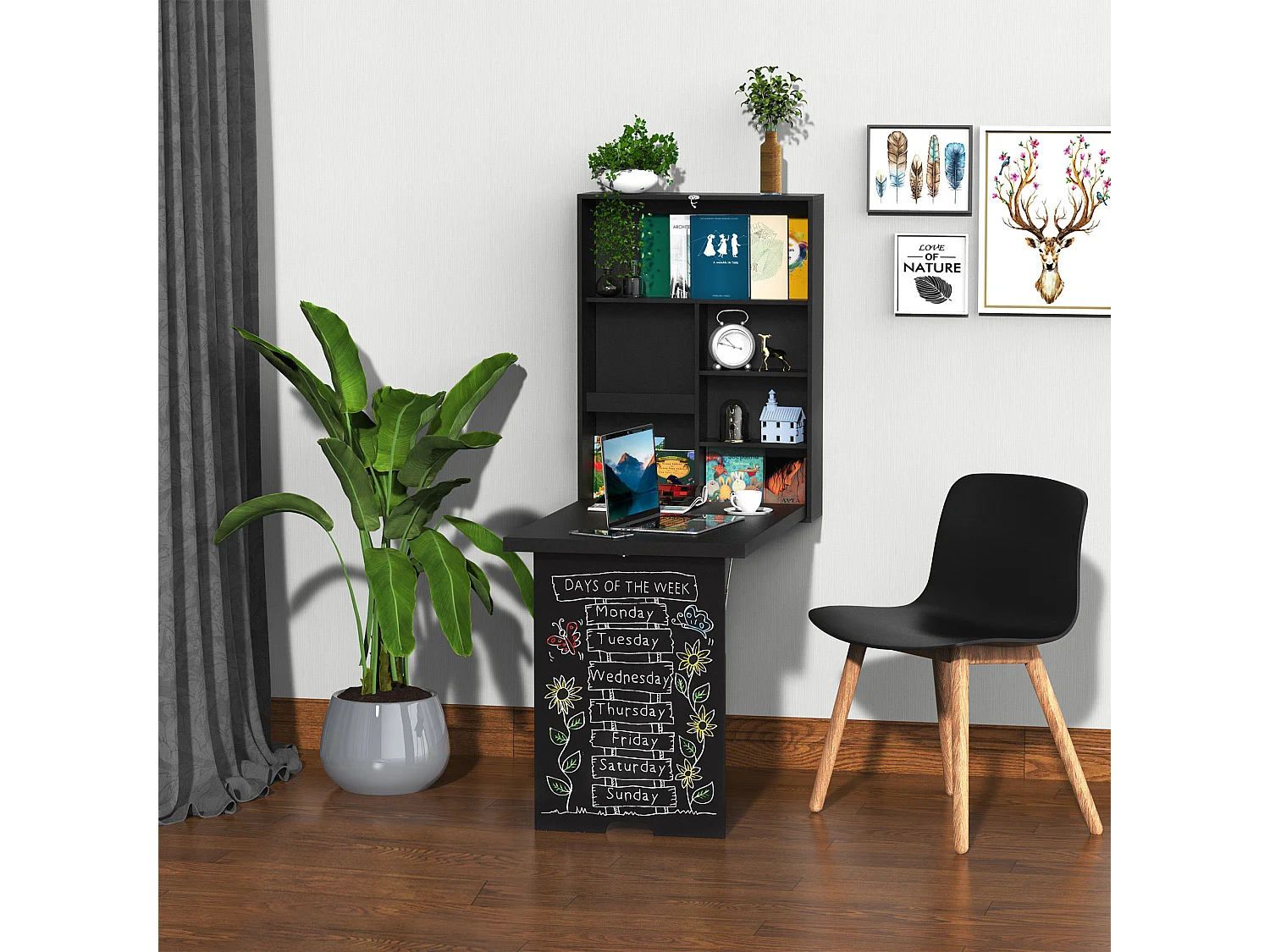 Bureau mural pliable table murale rabattable suspendue sur pied étagère + tableau à craie intégré MDF noir