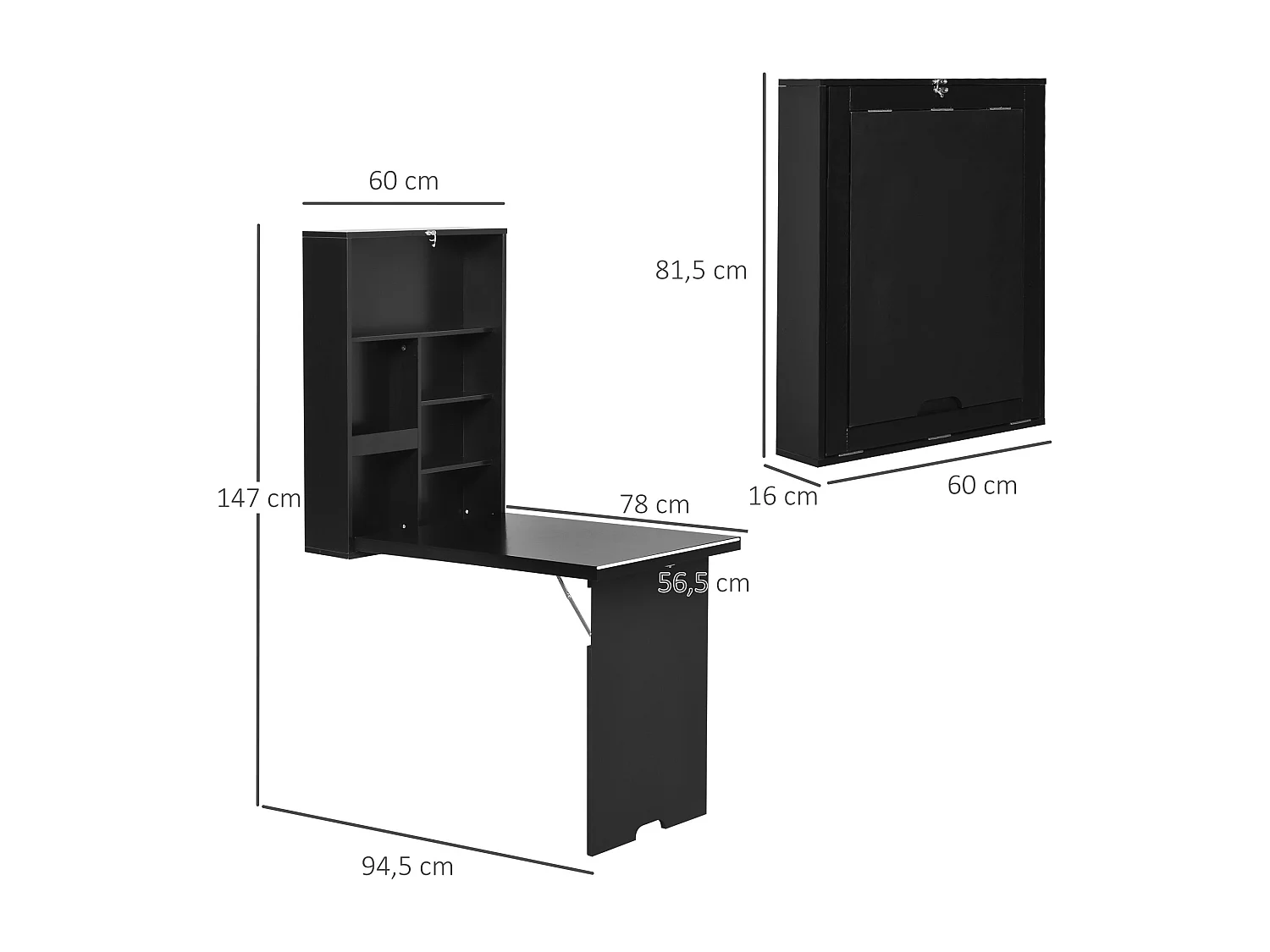 Bureau mural pliable table murale rabattable suspendue sur pied étagère + tableau à craie intégré MDF noir