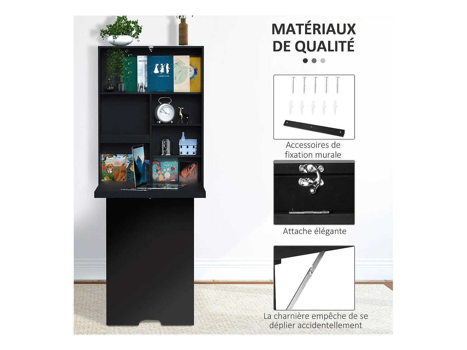 Bureau mural pliable table murale rabattable suspendue sur pied étagère + tableau à craie intégré MDF noir