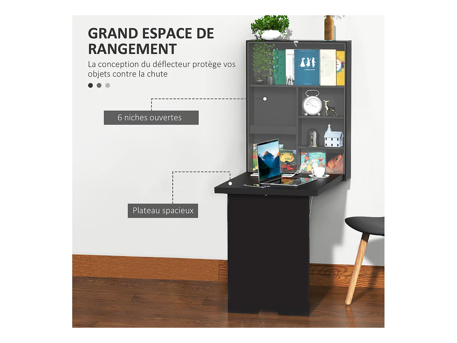 Bureau mural pliable table murale rabattable suspendue sur pied étagère + tableau à craie intégré MDF noir