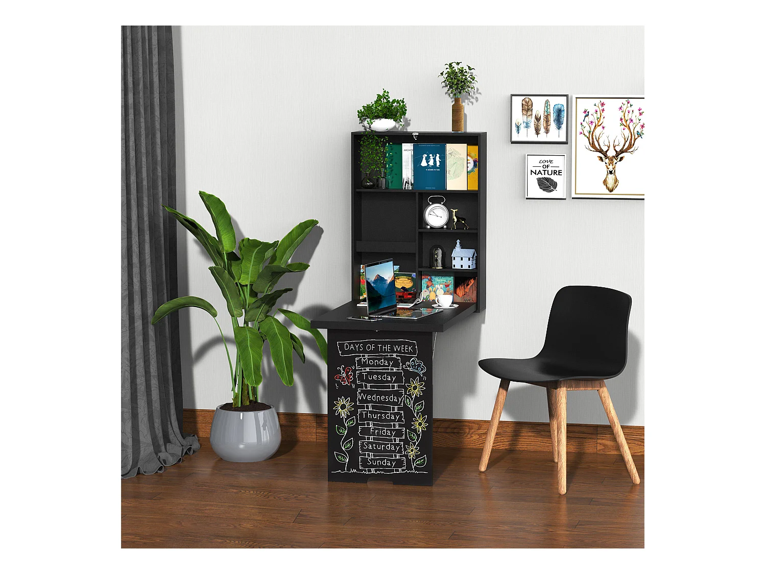 Bureau mural pliable table murale rabattable suspendue sur pied étagère + tableau à craie intégré MDF noir