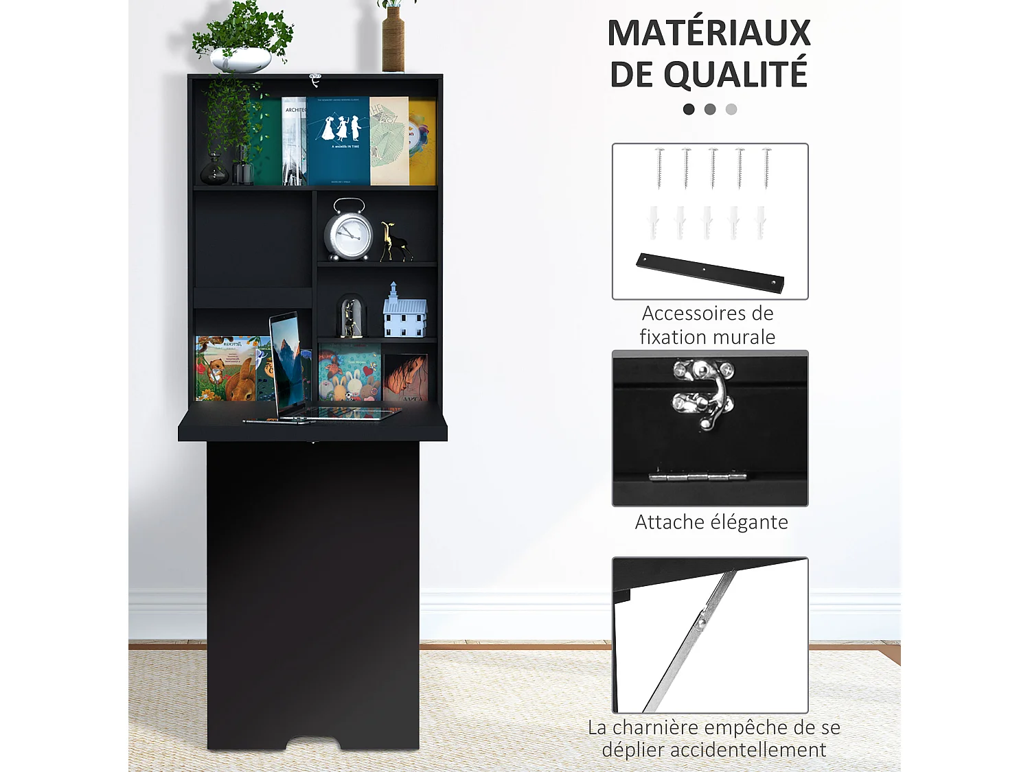Bureau mural pliable table murale rabattable suspendue sur pied étagère + tableau à craie intégré MDF noir