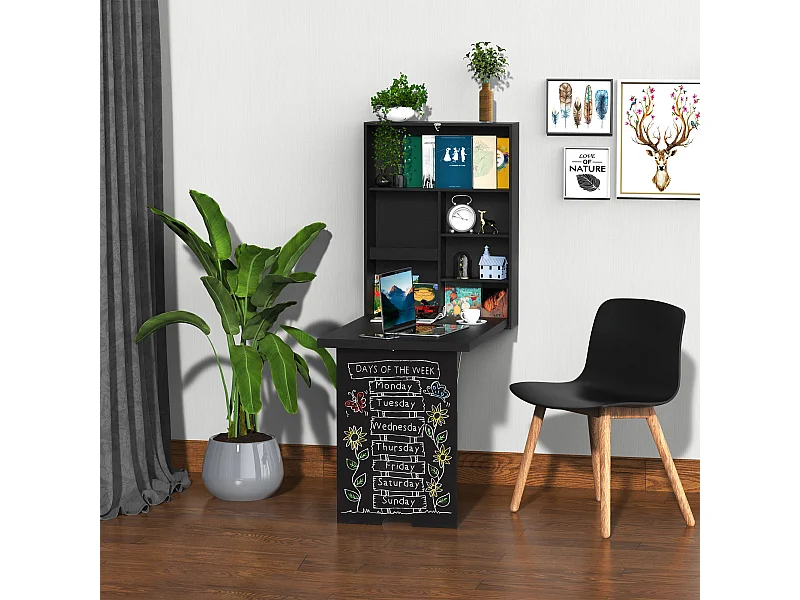 Bureau mural pliable table murale rabattable suspendue sur pied étagère + tableau à craie intégré MDF noir