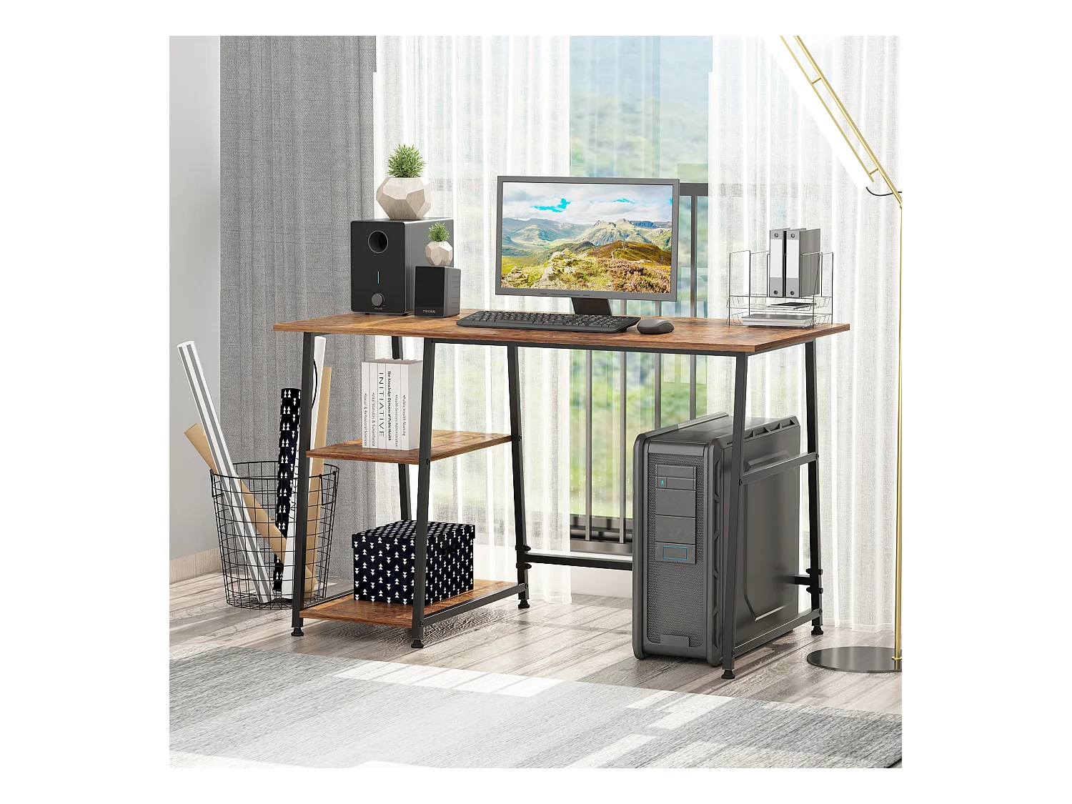 Bureau informatique design industriel 2 étagères panneaux particules aspect vieux bois acier noir