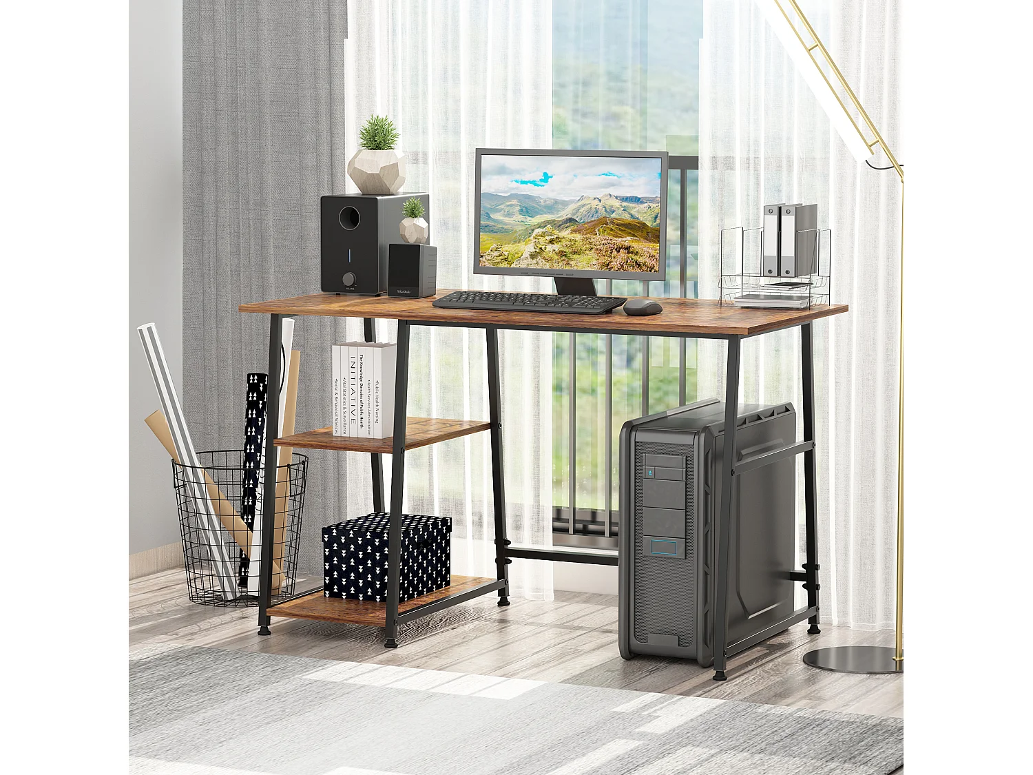 Bureau informatique design industriel 2 étagères panneaux particules aspect vieux bois acier noir